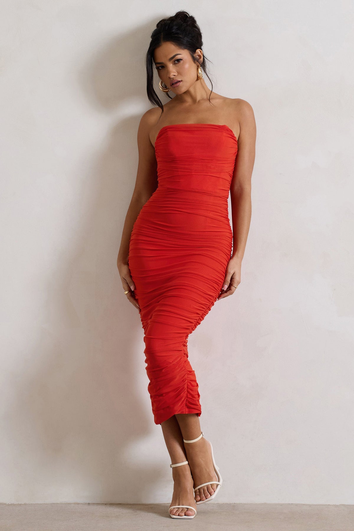 Orange Ruched Corset Bodycon Midi Dress