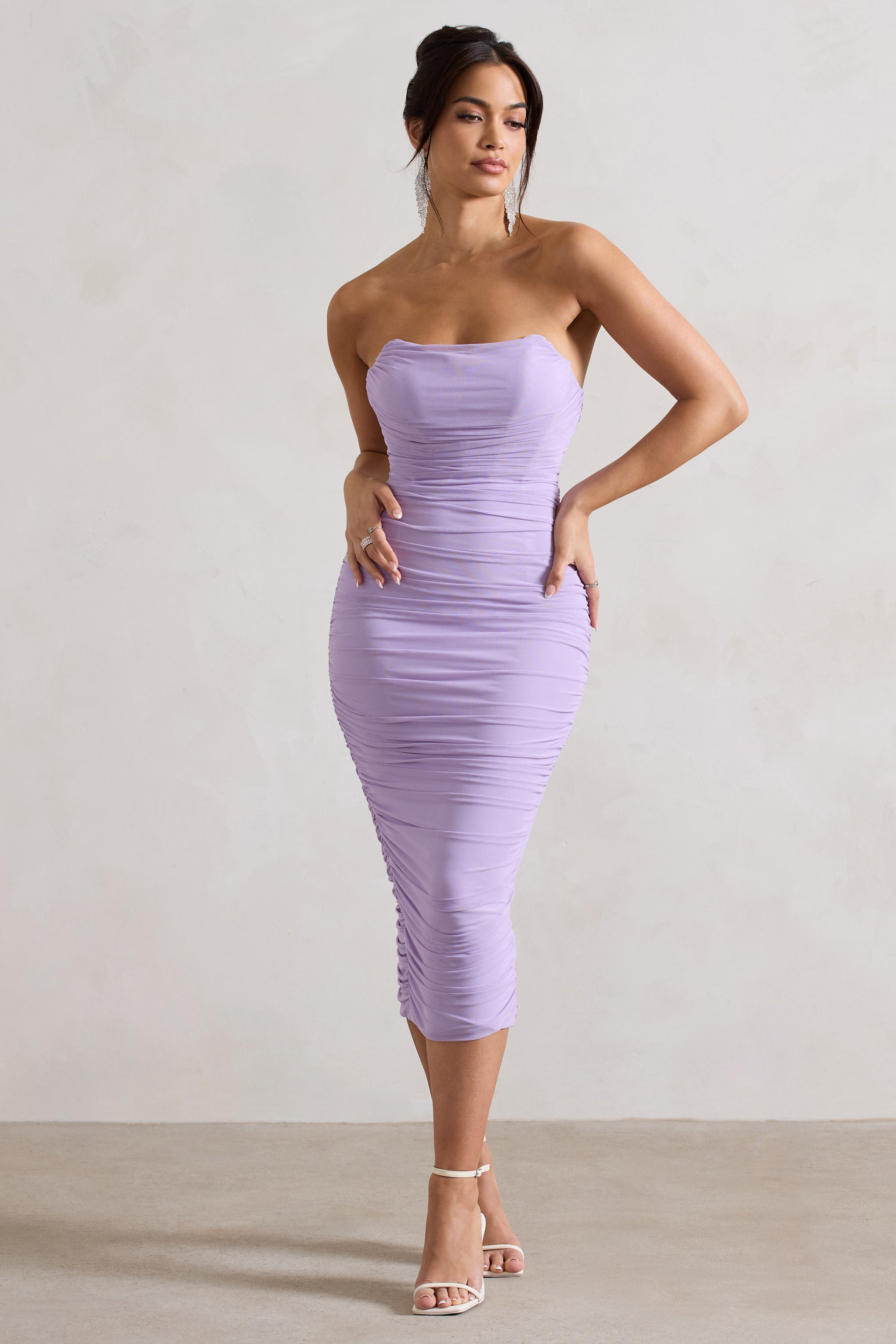 Lilac Ruched Corset Bodycon Midi Dress