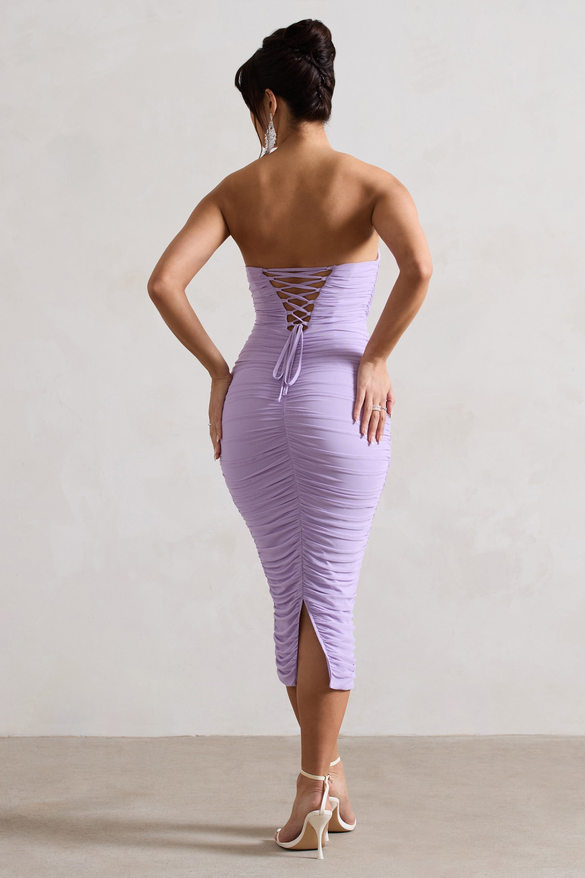 Lilac Ruched Corset Bodycon Midi Dress