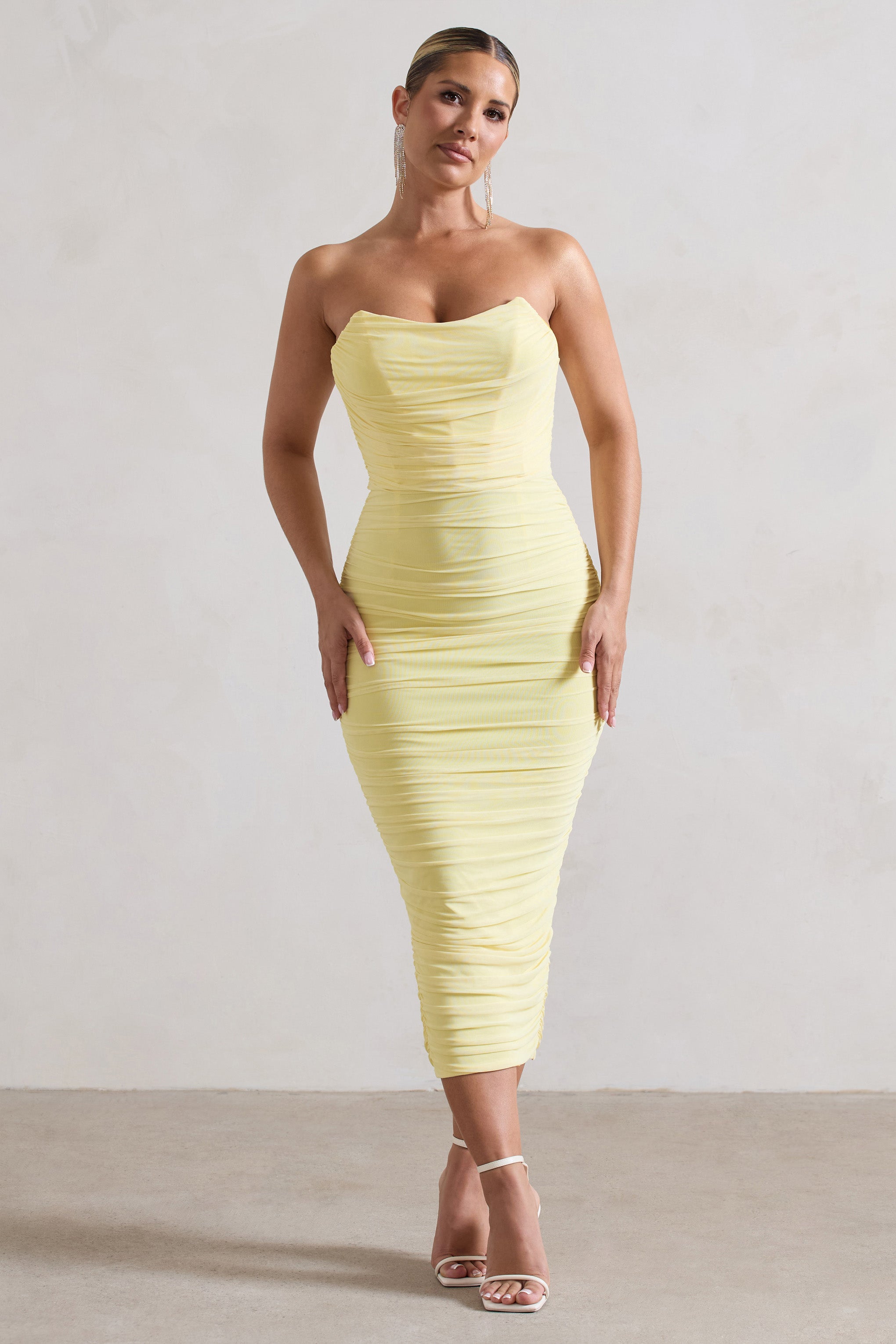 Lemon Ruched Corset Bodycon Midi Dress