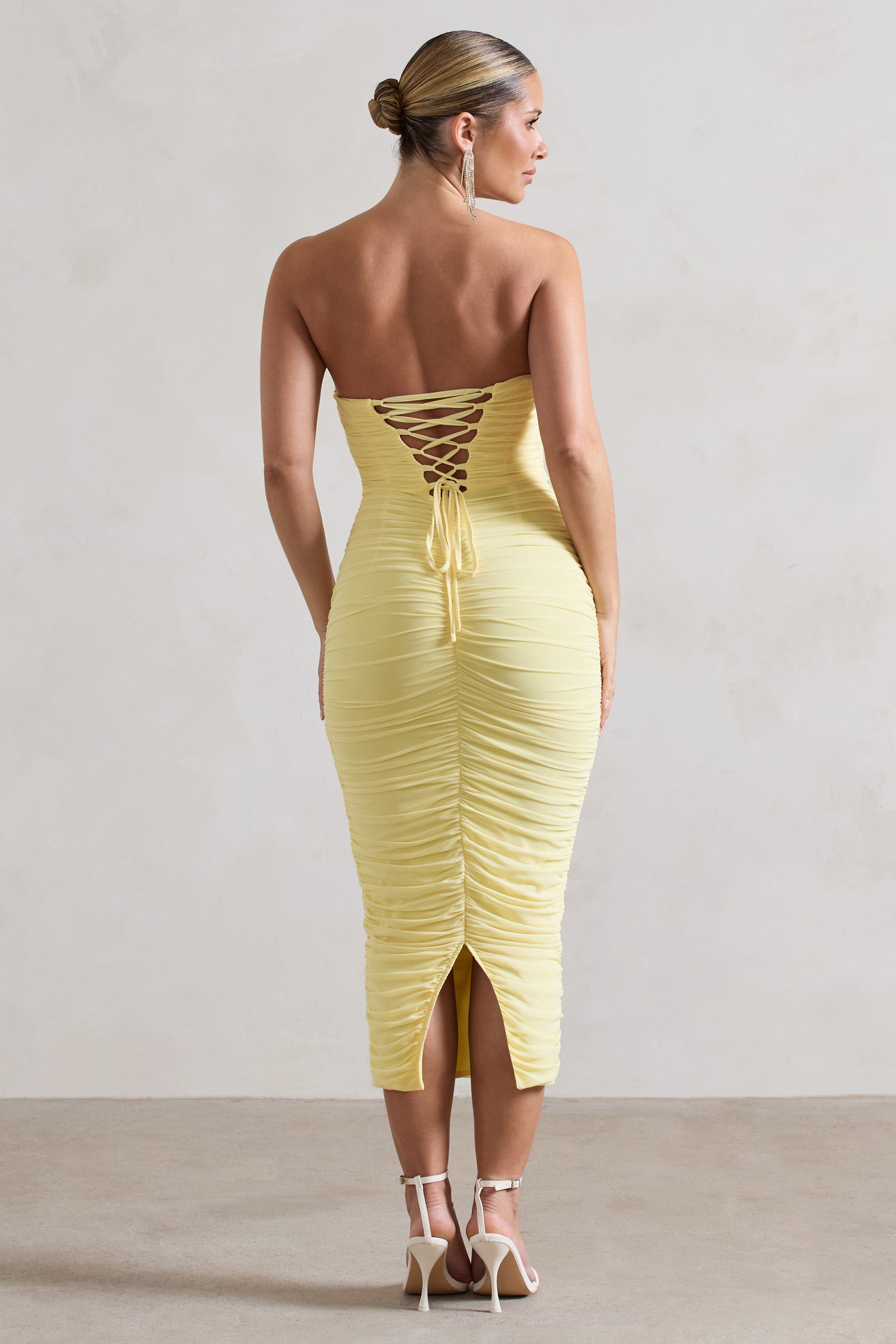 Lemon Ruched Corset Bodycon Midi Dress