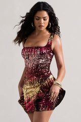 Pink & Gold Sequin Square-Neck Peplum Mini Dress