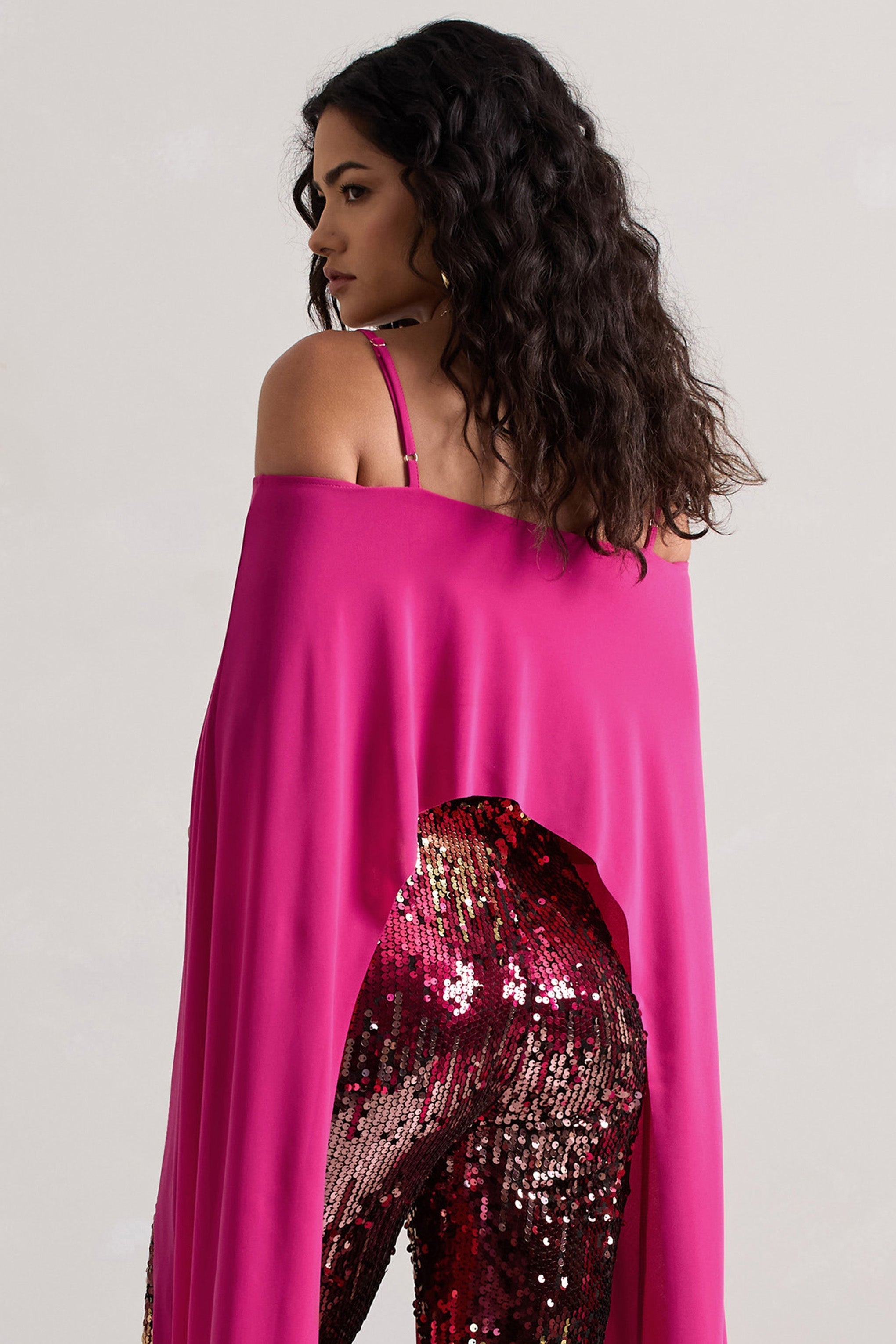 Dark Pink Bardot Cape Sleeve Crop Top