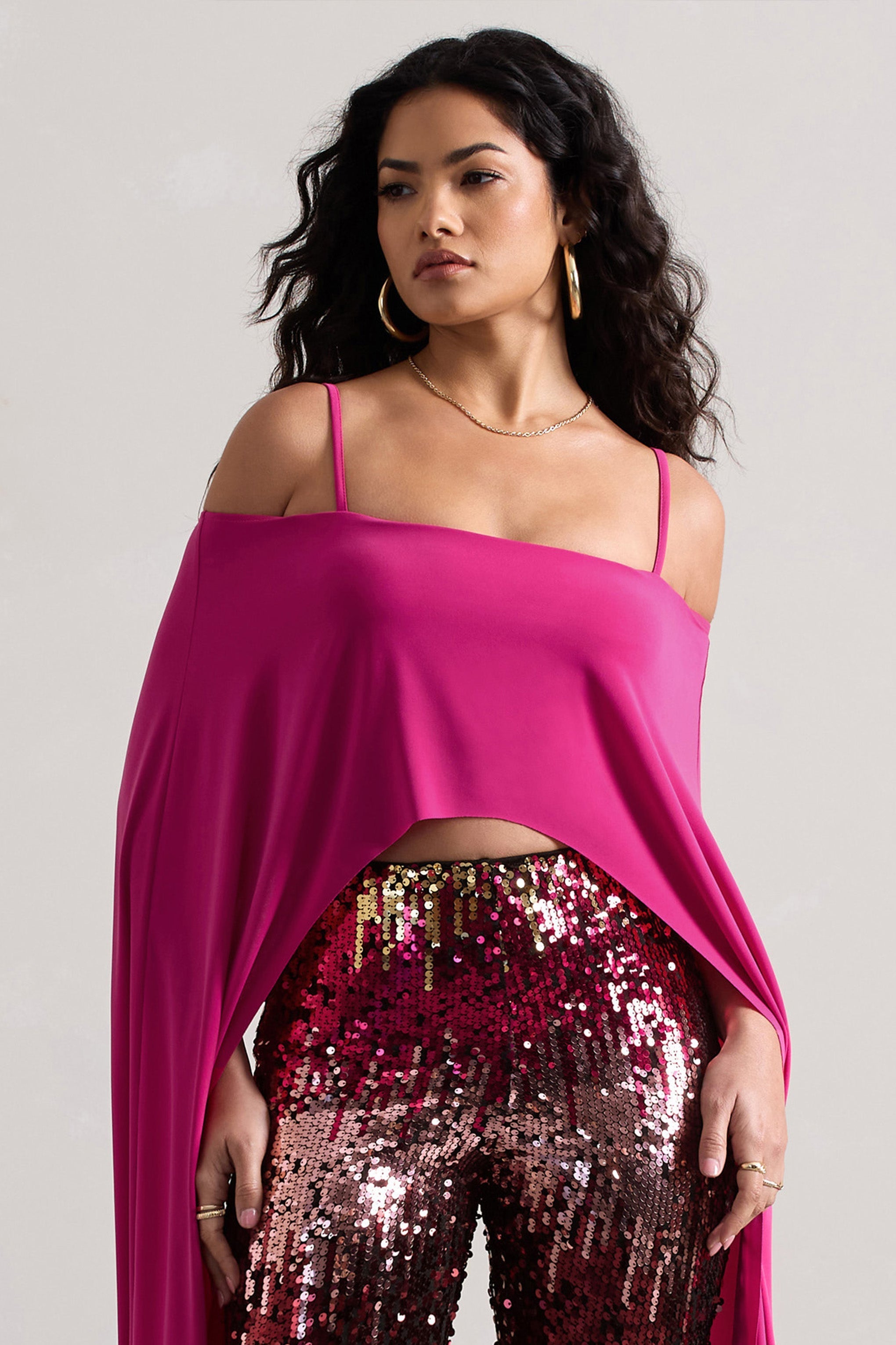 Dark Pink Bardot Cape Sleeve Crop Top