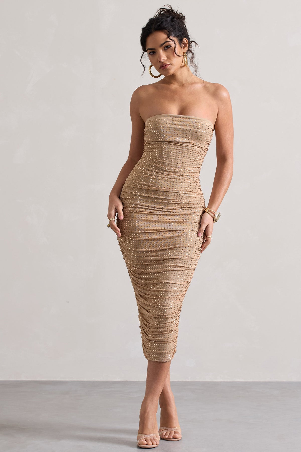 Gold Embellished Bandeau Midi Dress