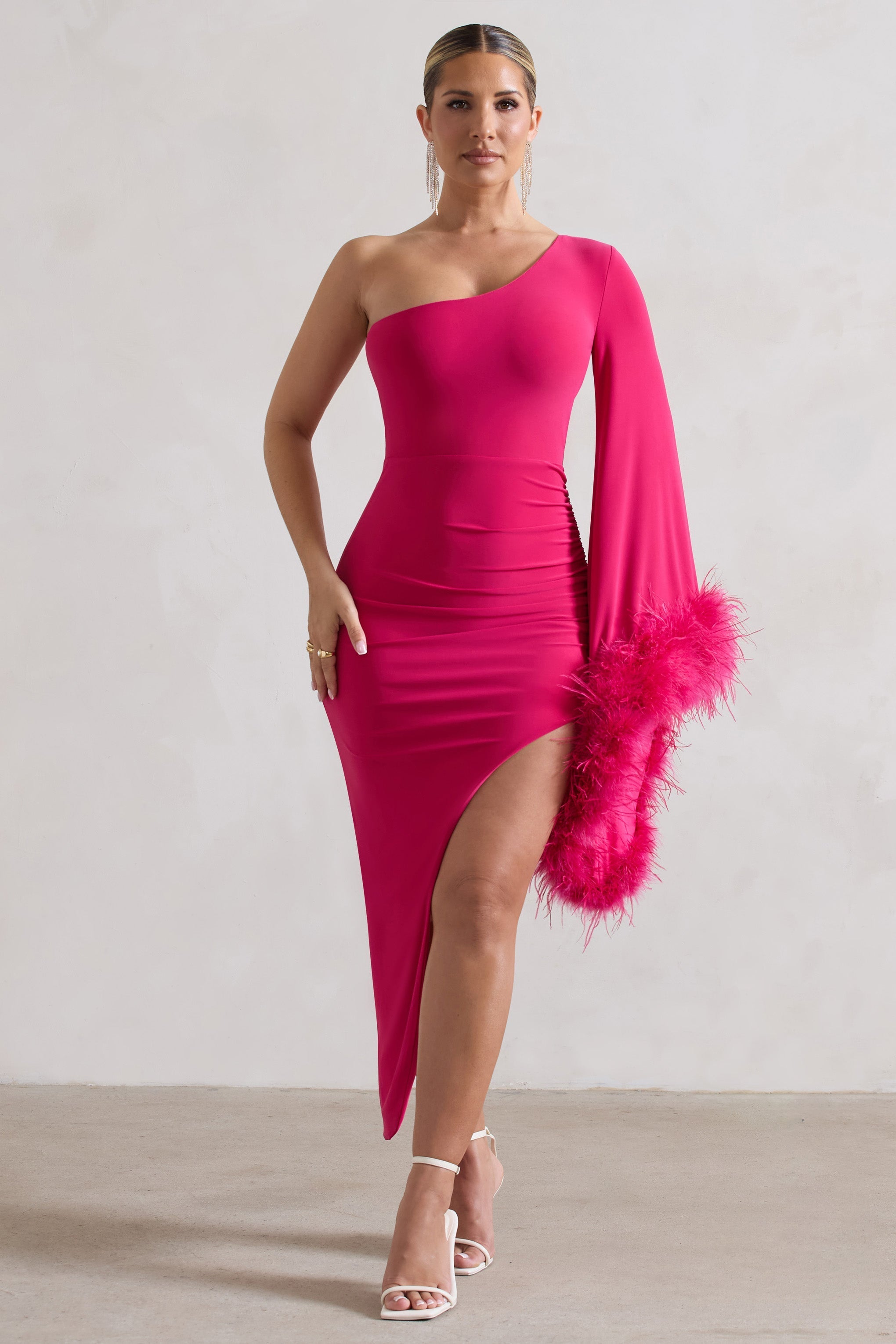 Dark Pink Asymmetric One Shoulder Cape Midi Dress With Feathers