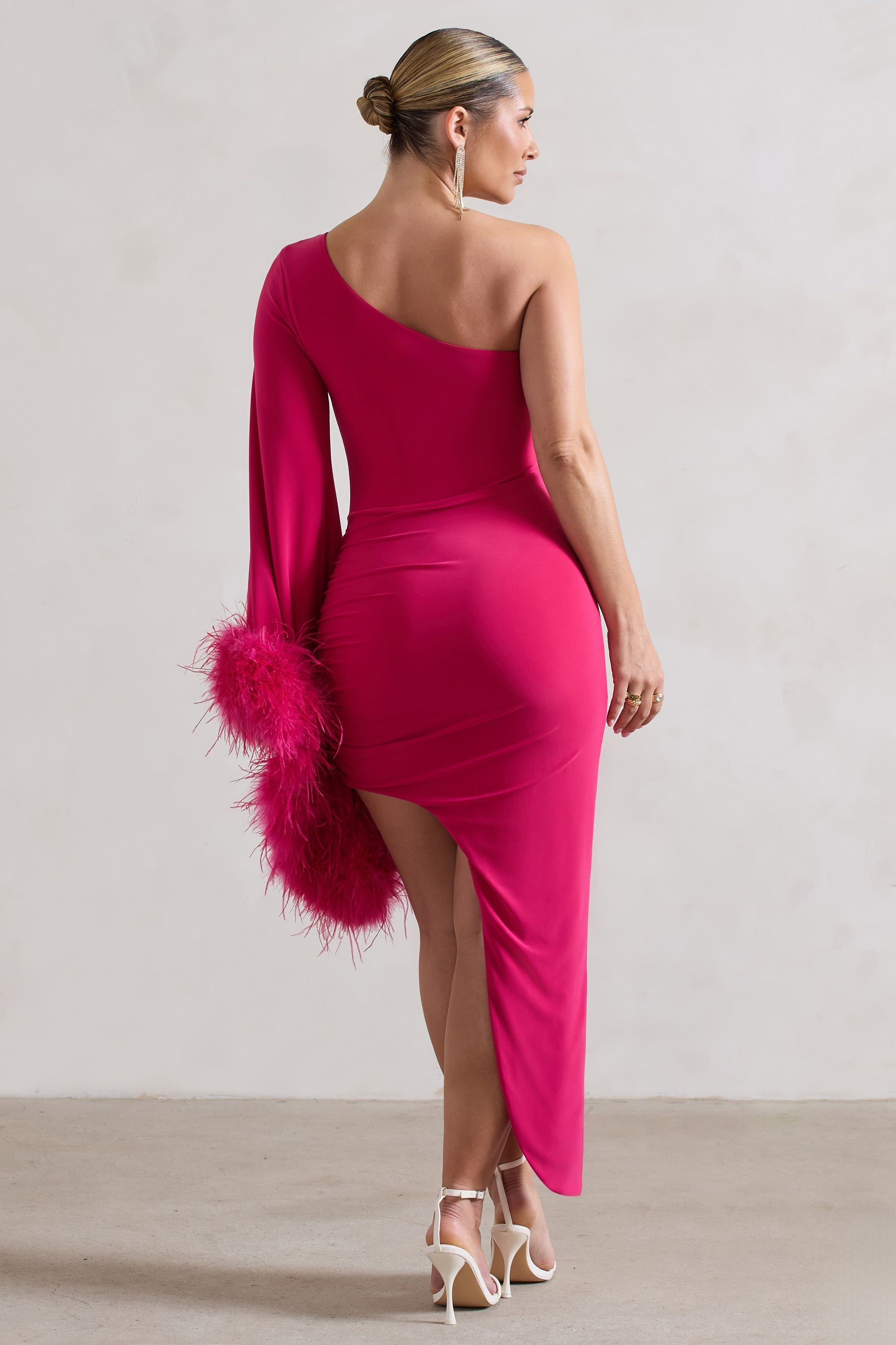 Dark Pink Asymmetric One Shoulder Cape Midi Dress With Feathers