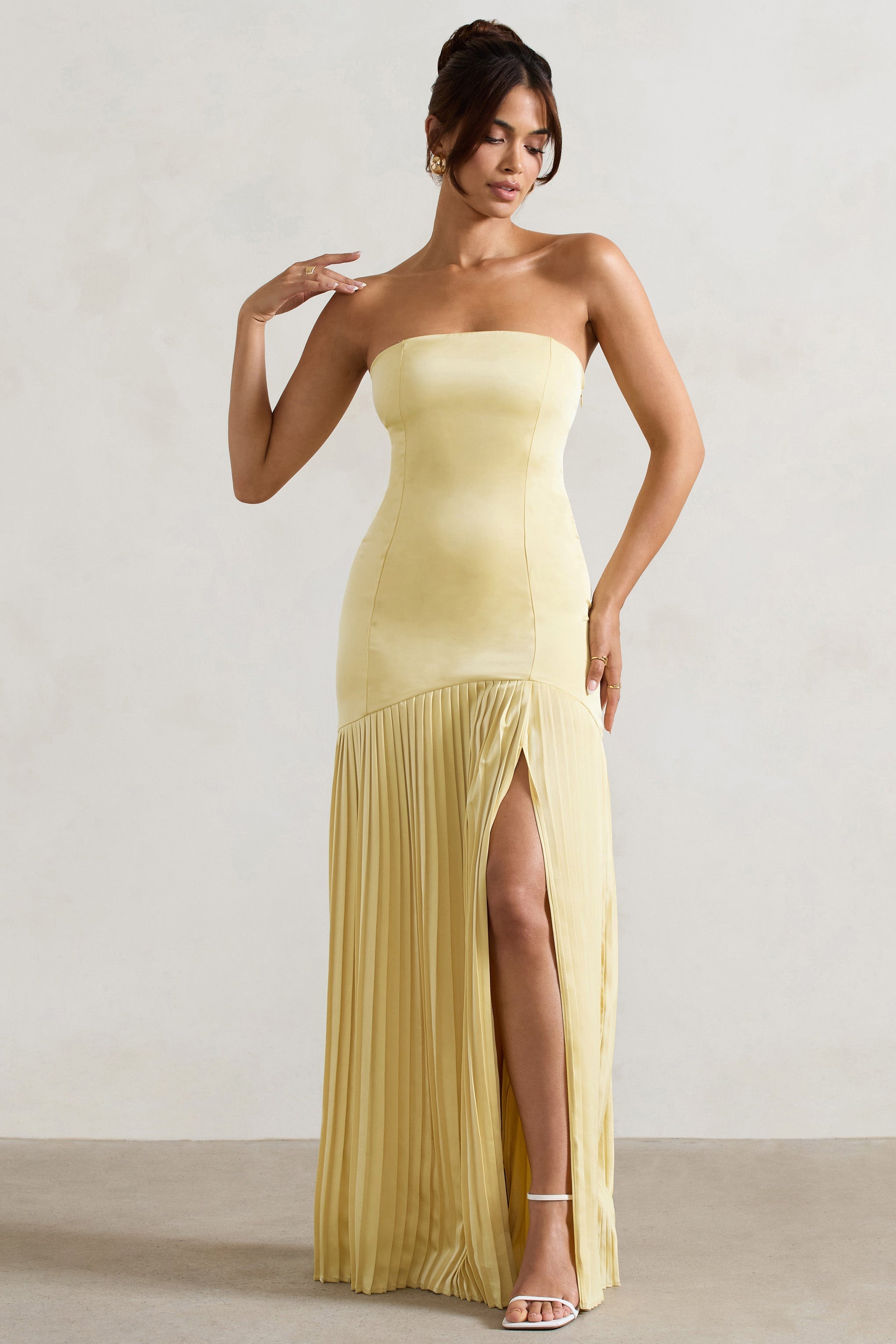Lemon Satin Bandeau Pleated Split Maxi Dress