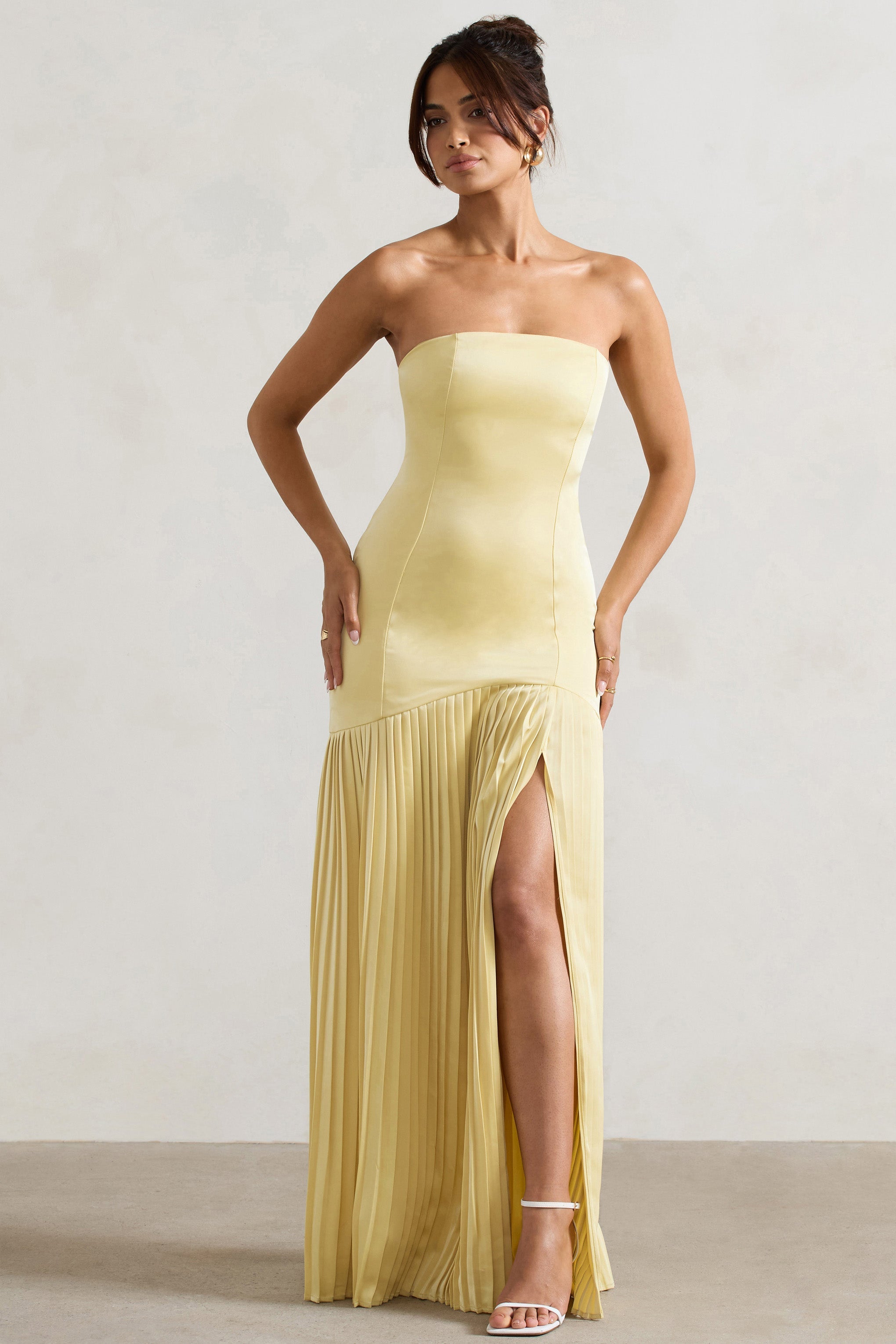 Lemon Satin Bandeau Pleated Split Maxi Dress