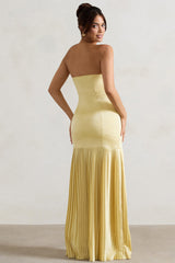 Lemon Satin Bandeau Pleated Split Maxi Dress