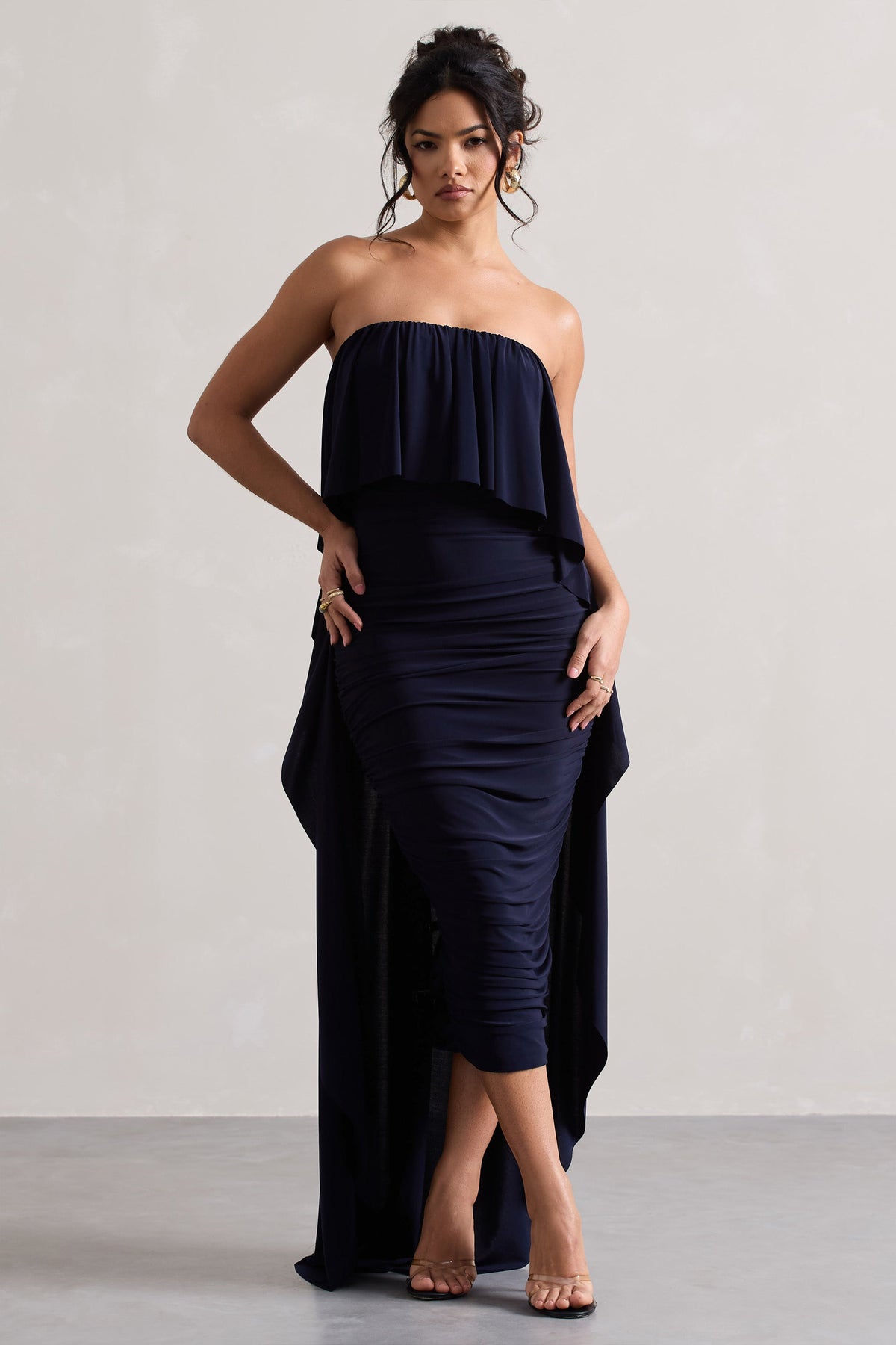 Navy Ruched Bandeau Midi Dress With Cape