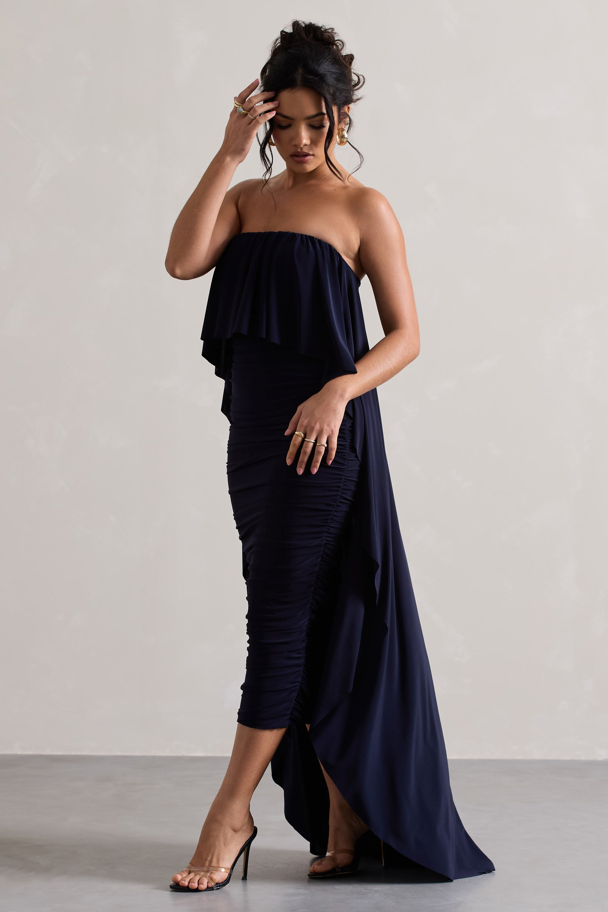 Navy Ruched Bandeau Midi Dress With Cape
