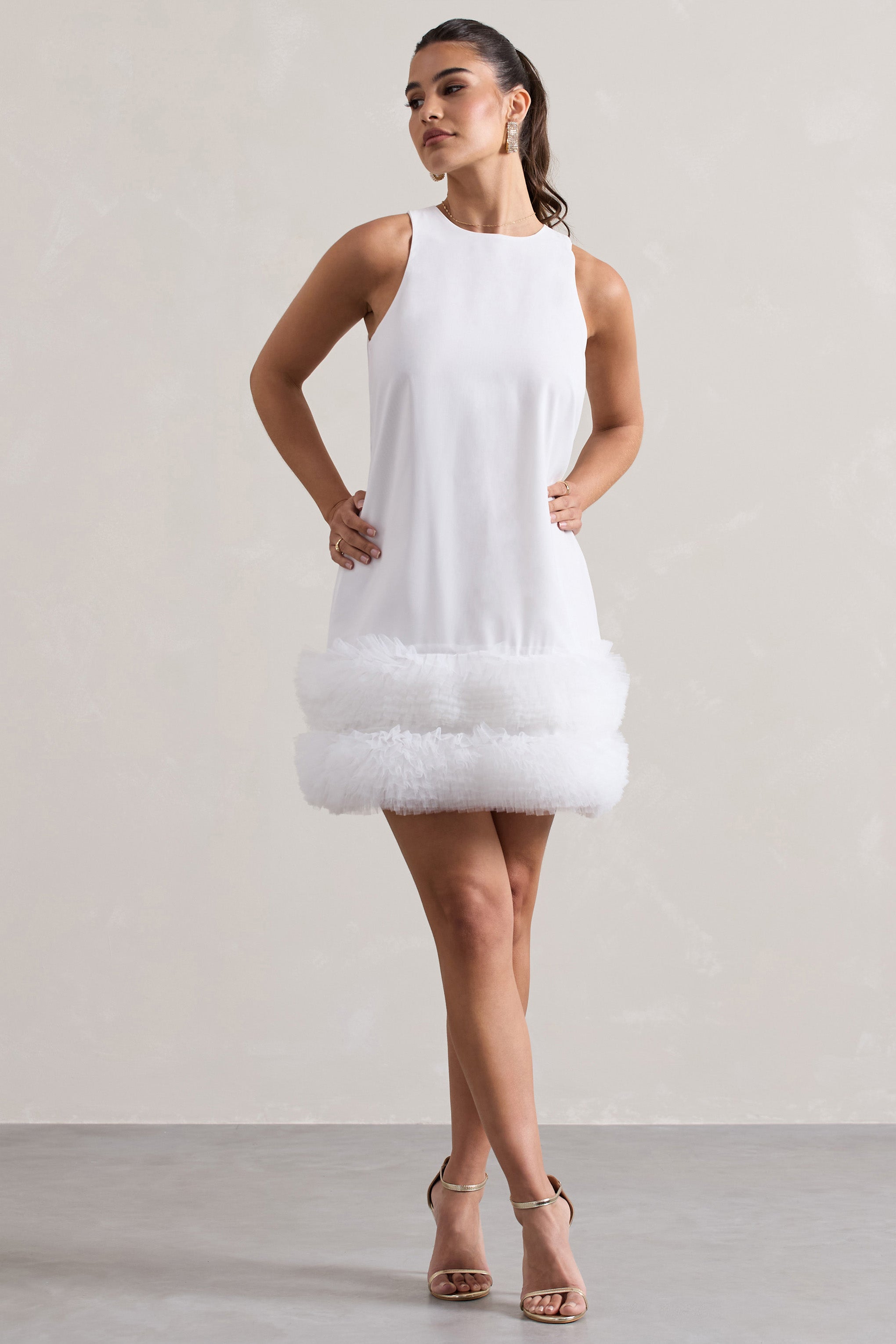 White A-Line Mini Dress With Tulle Hem