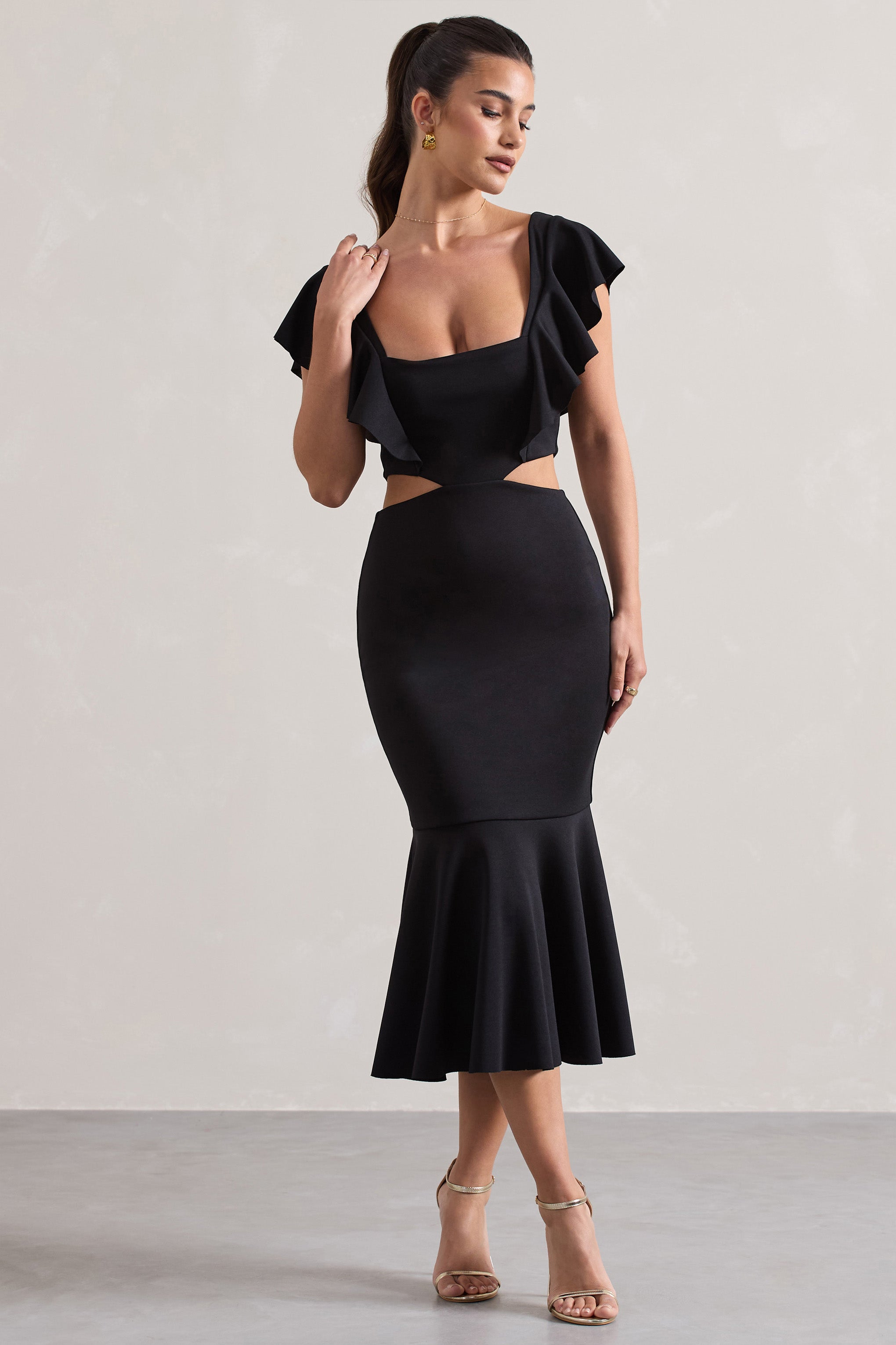 Black Square-Neck Cut-Out Ruffled Midi Dress