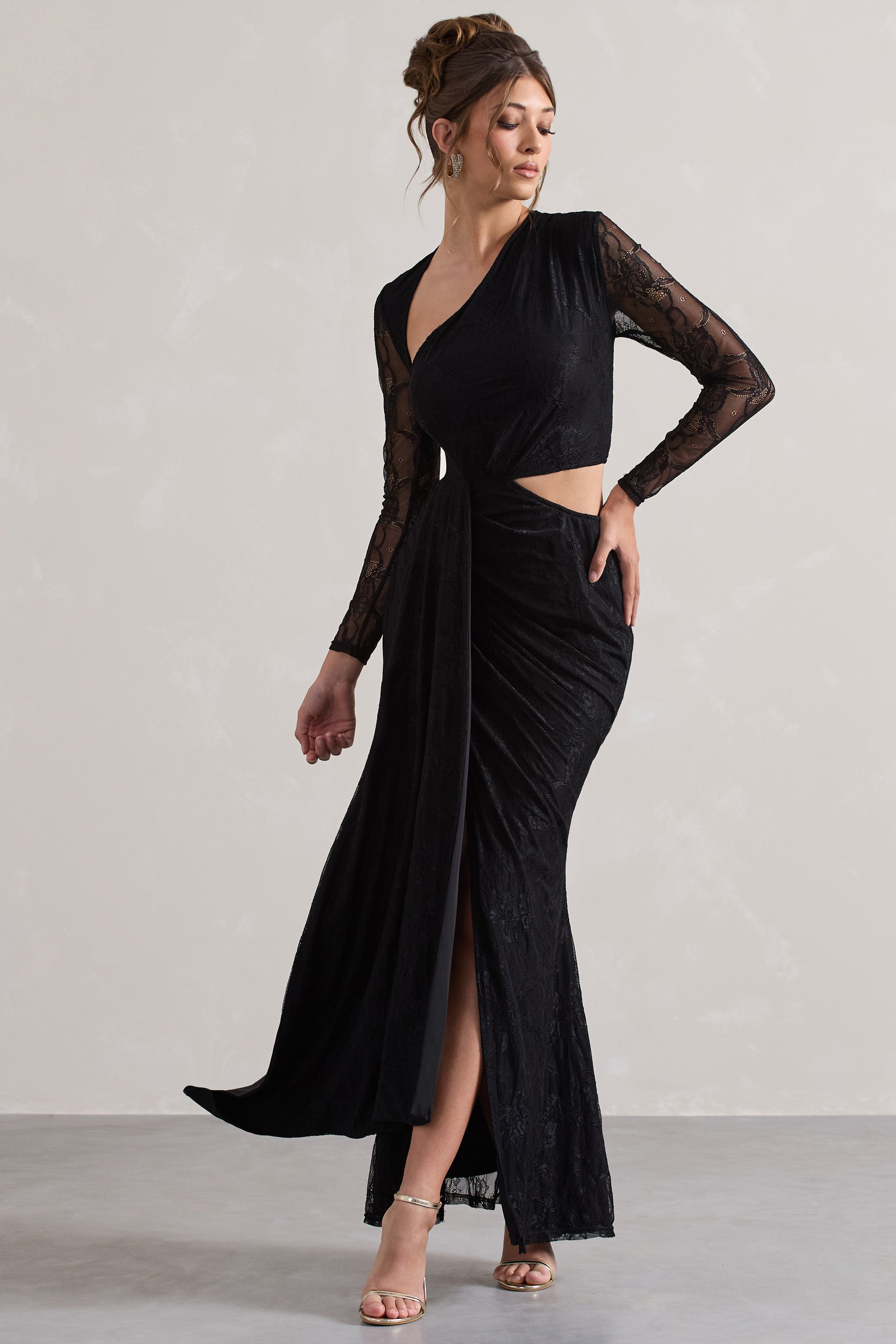 Black Lace Asymmetric Cut-Out Draped Maxi Dress