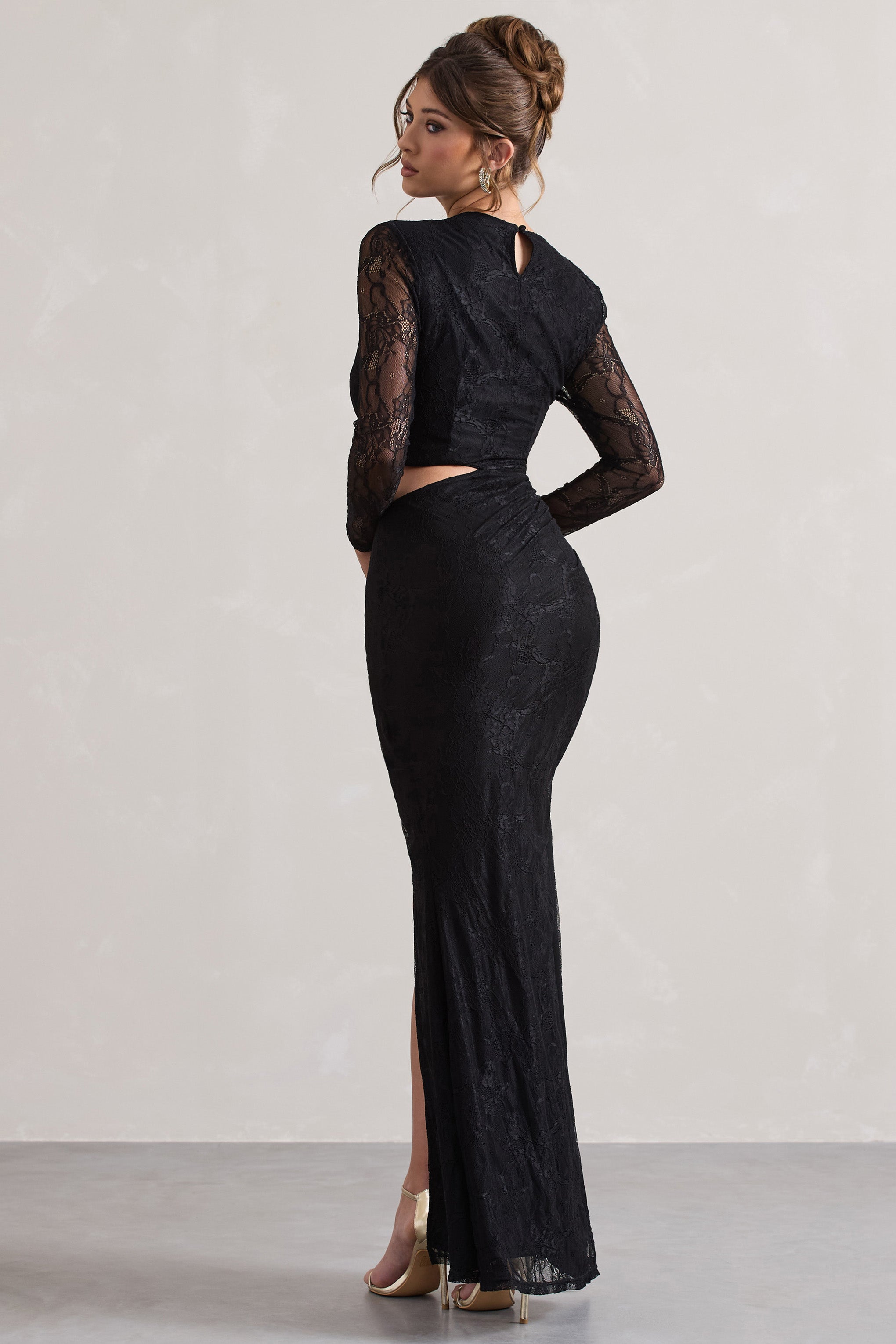 Black Lace Asymmetric Cut-Out Draped Maxi Dress