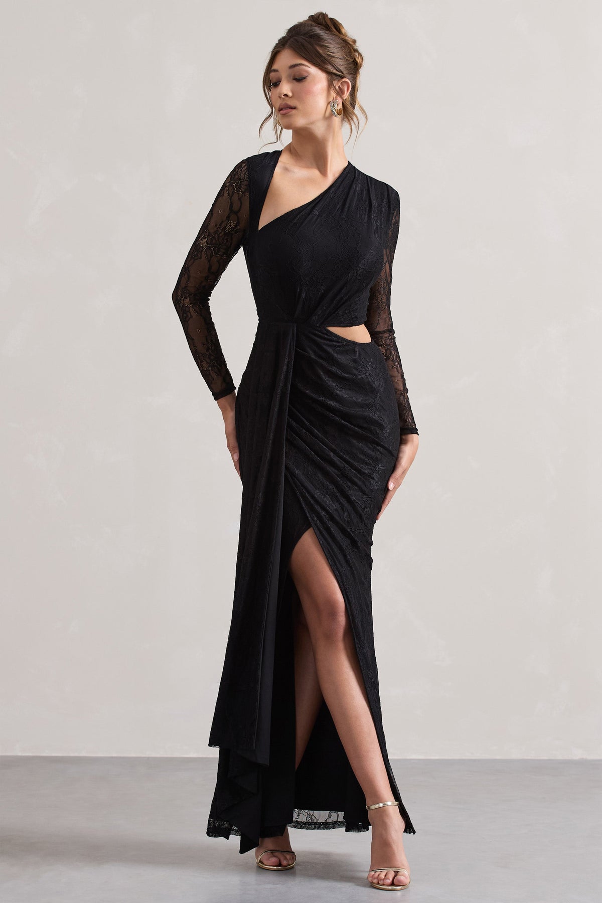 Black Lace Asymmetric Cut-Out Draped Maxi Dress