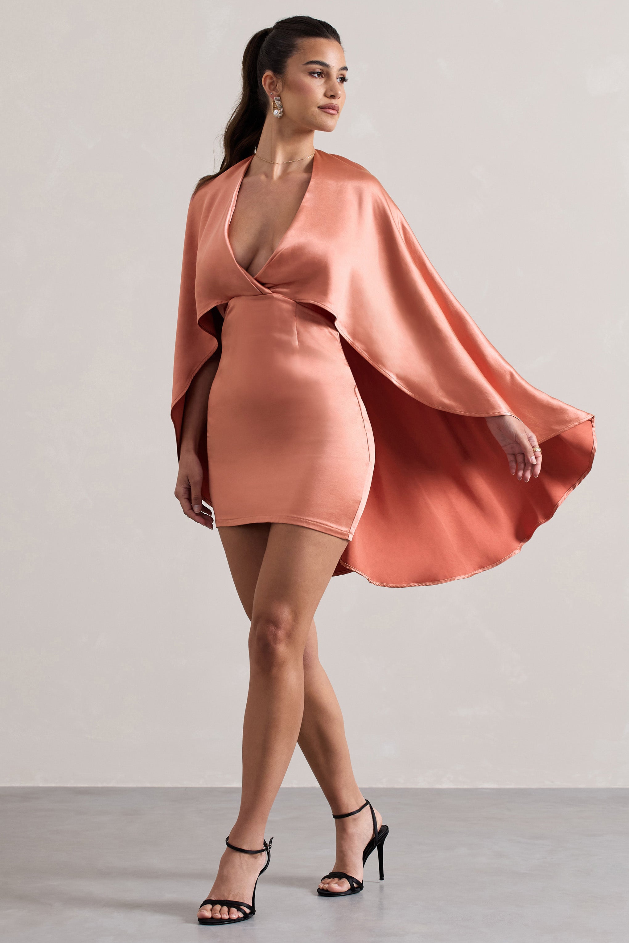Coral Satin Plunge-Neck Cape Mini Dress