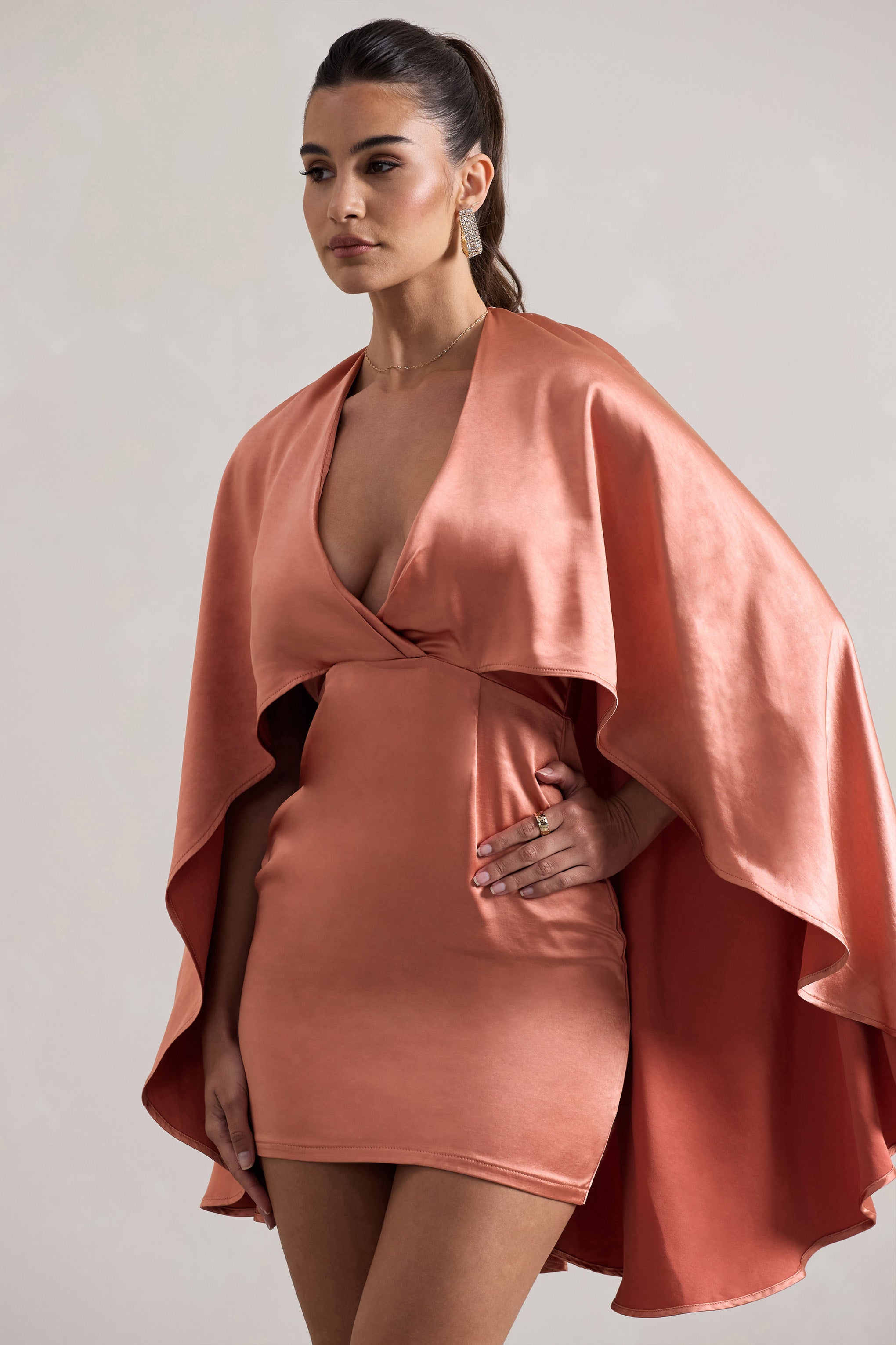 Coral Satin Plunge-Neck Cape Mini Dress