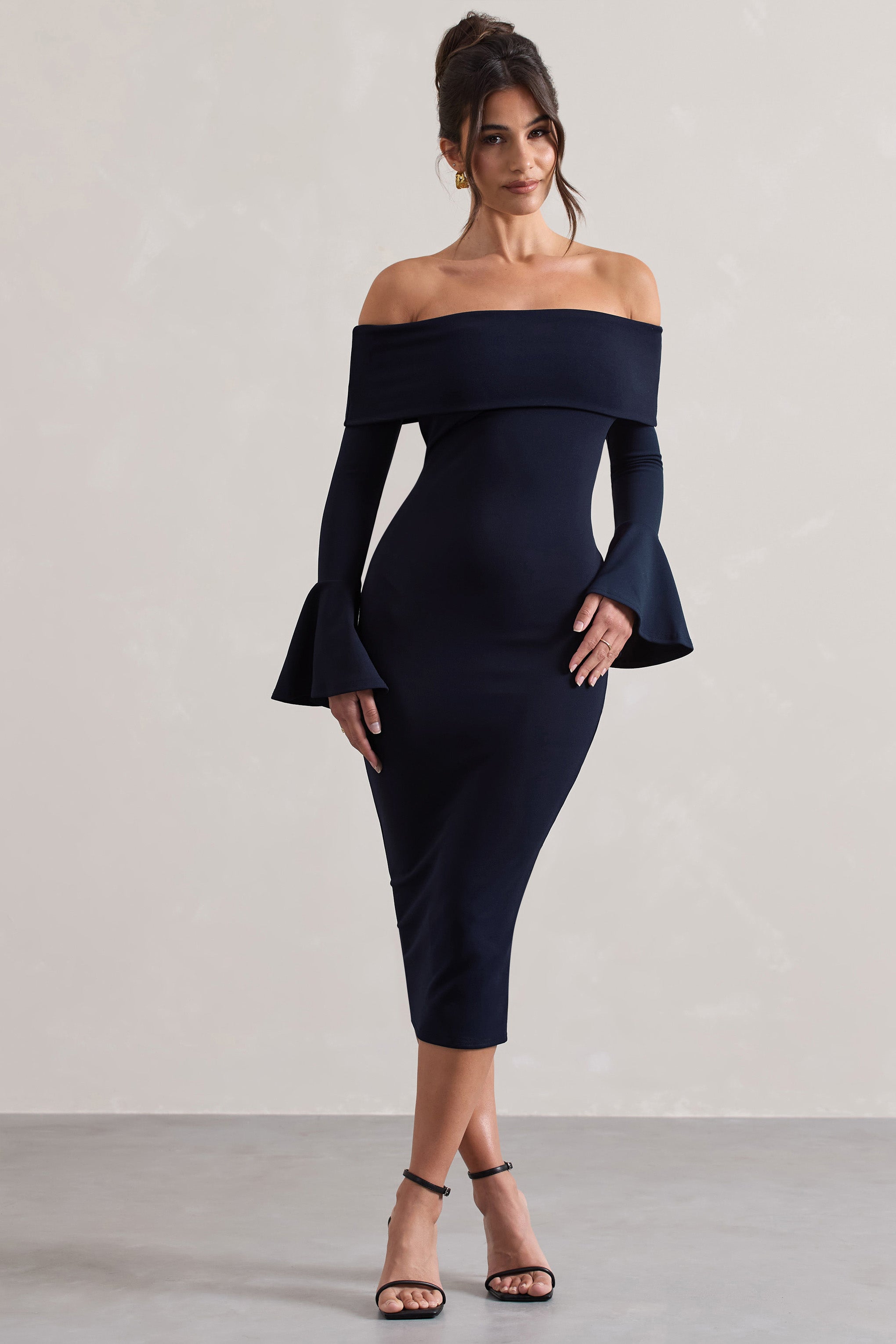 Navy Bardot Flared-Sleeve Midi Dress
