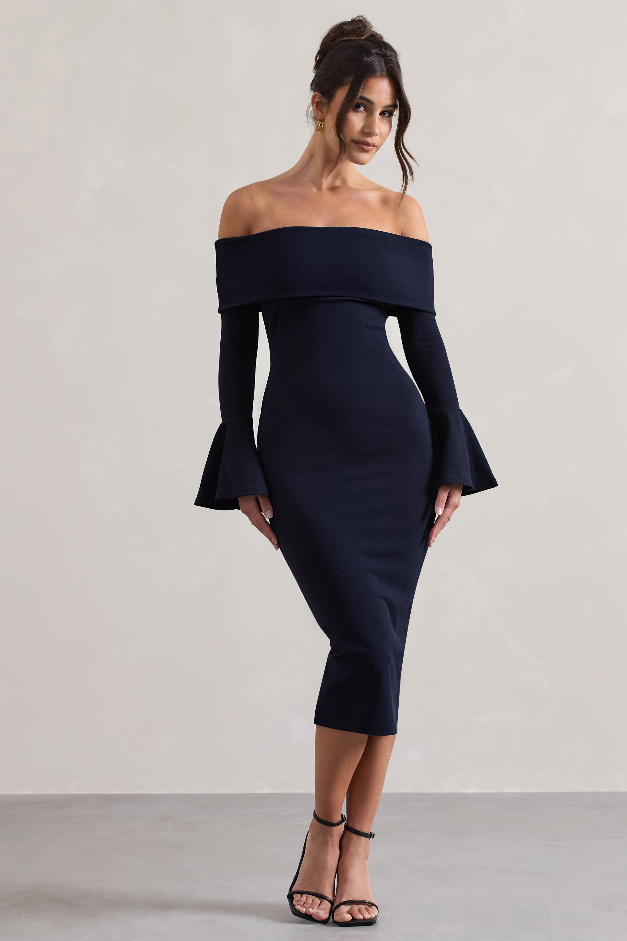 Navy Bardot Flared-Sleeve Midi Dress