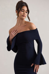 Navy Bardot Flared-Sleeve Midi Dress