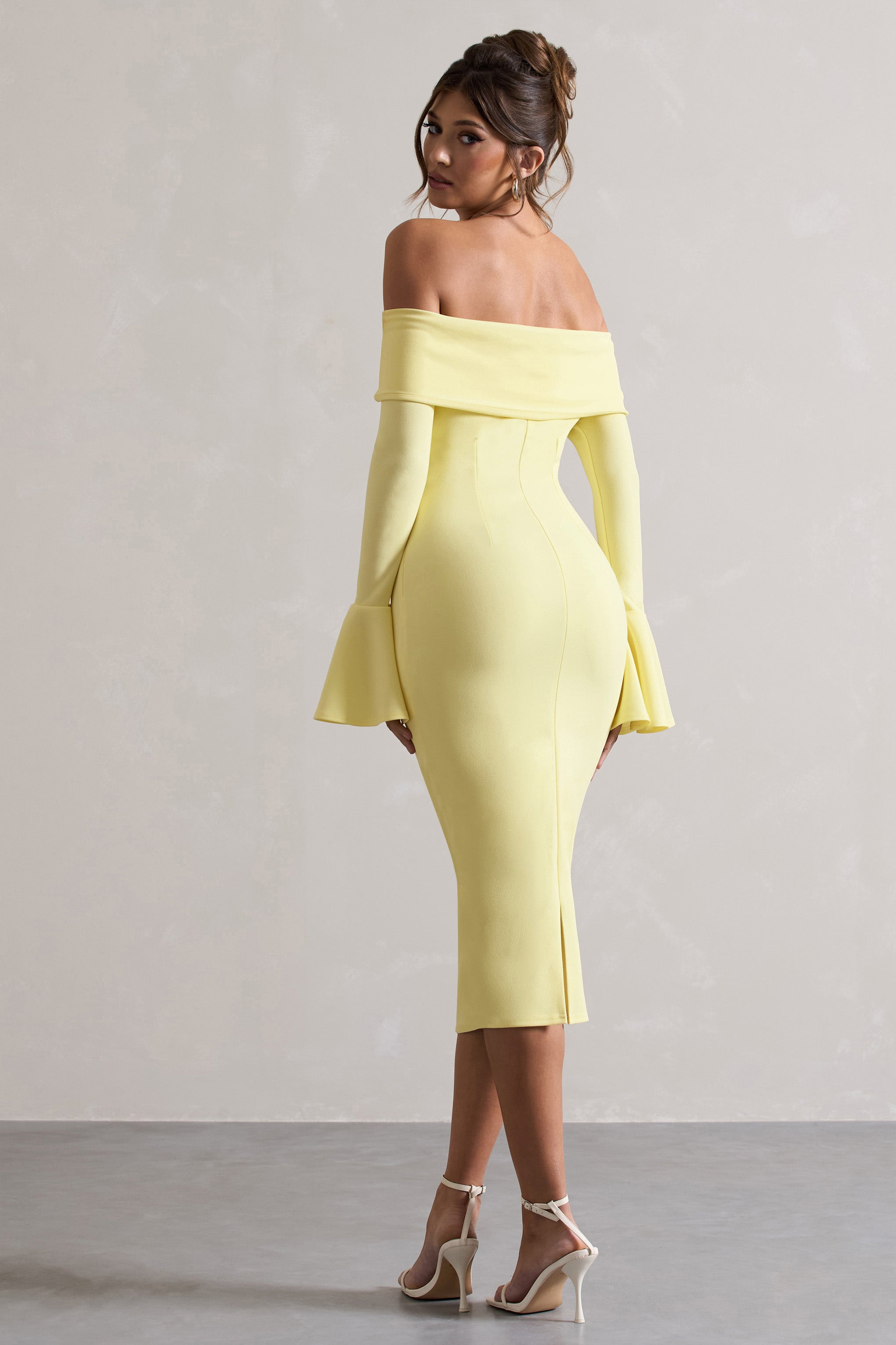 Lemon Bardot Flared-Sleeve Midi Dress