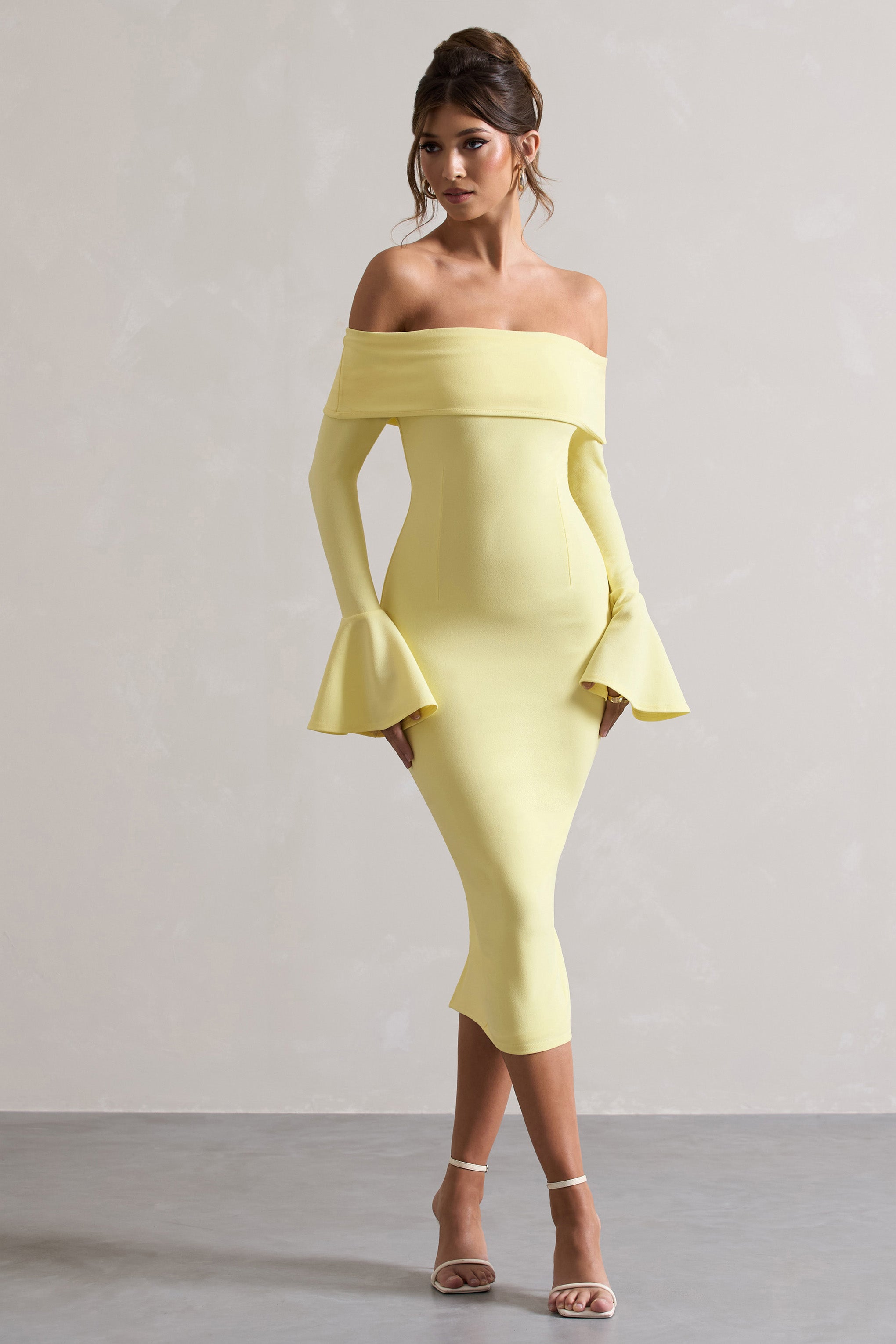 Lemon Bardot Flared-Sleeve Midi Dress