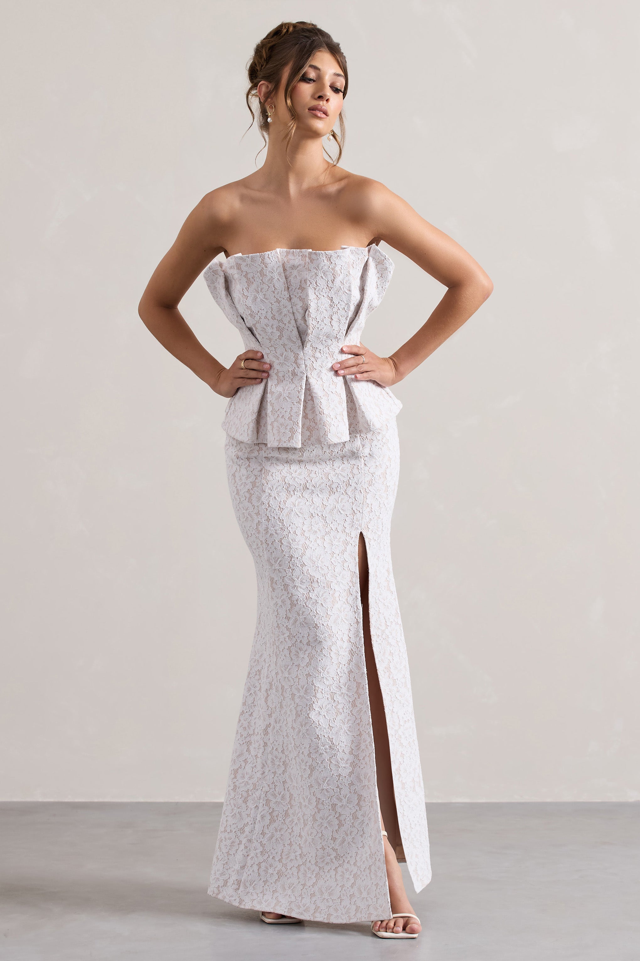 White Lace Strapless Ruffled Split Maxi Dress