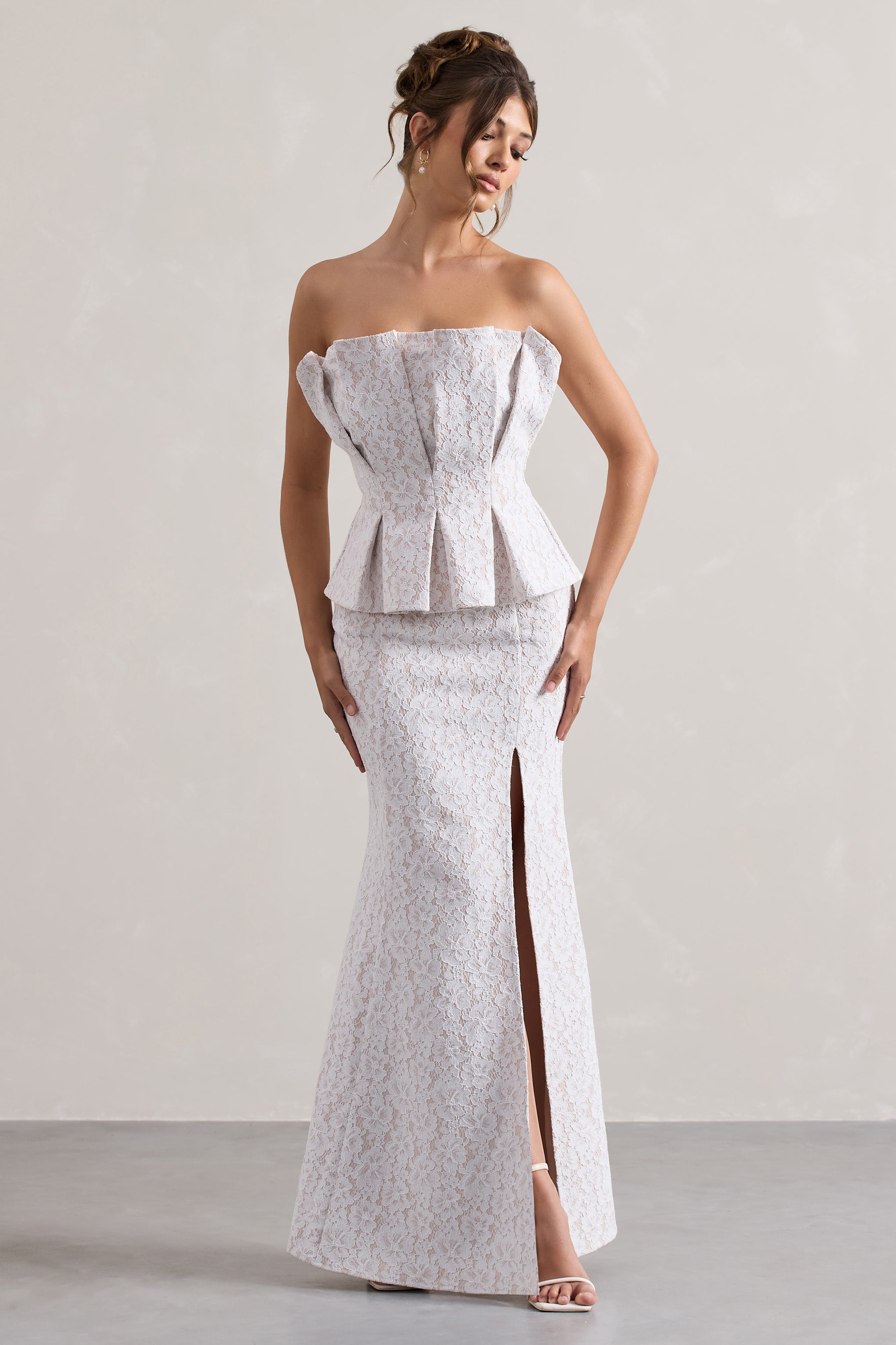 White Lace Strapless Ruffled Split Maxi Dress