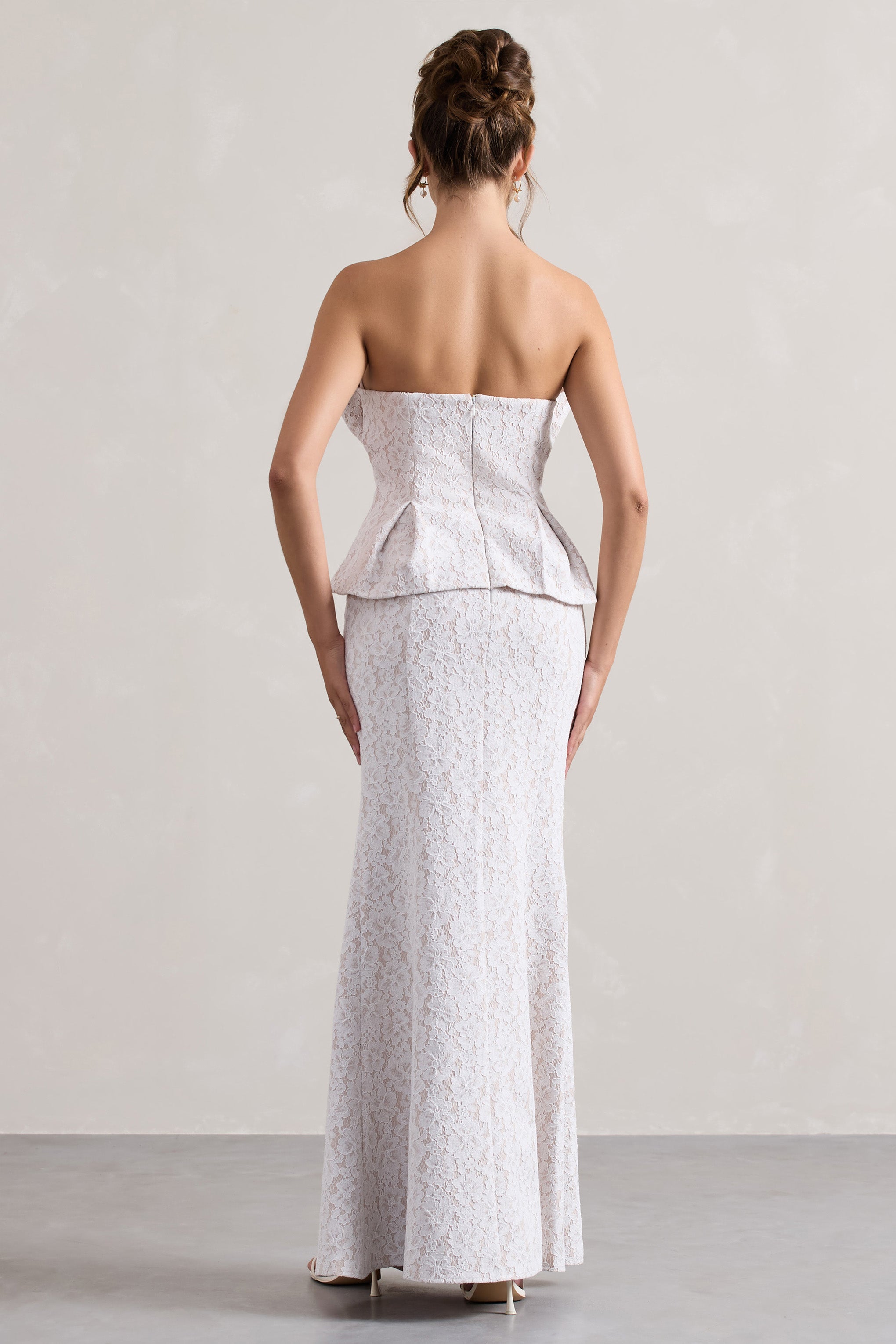 White Lace Strapless Ruffled Split Maxi Dress