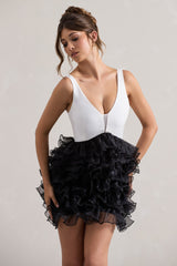 Black & White Plunge-Neck Mini Dress With Organza Skirt