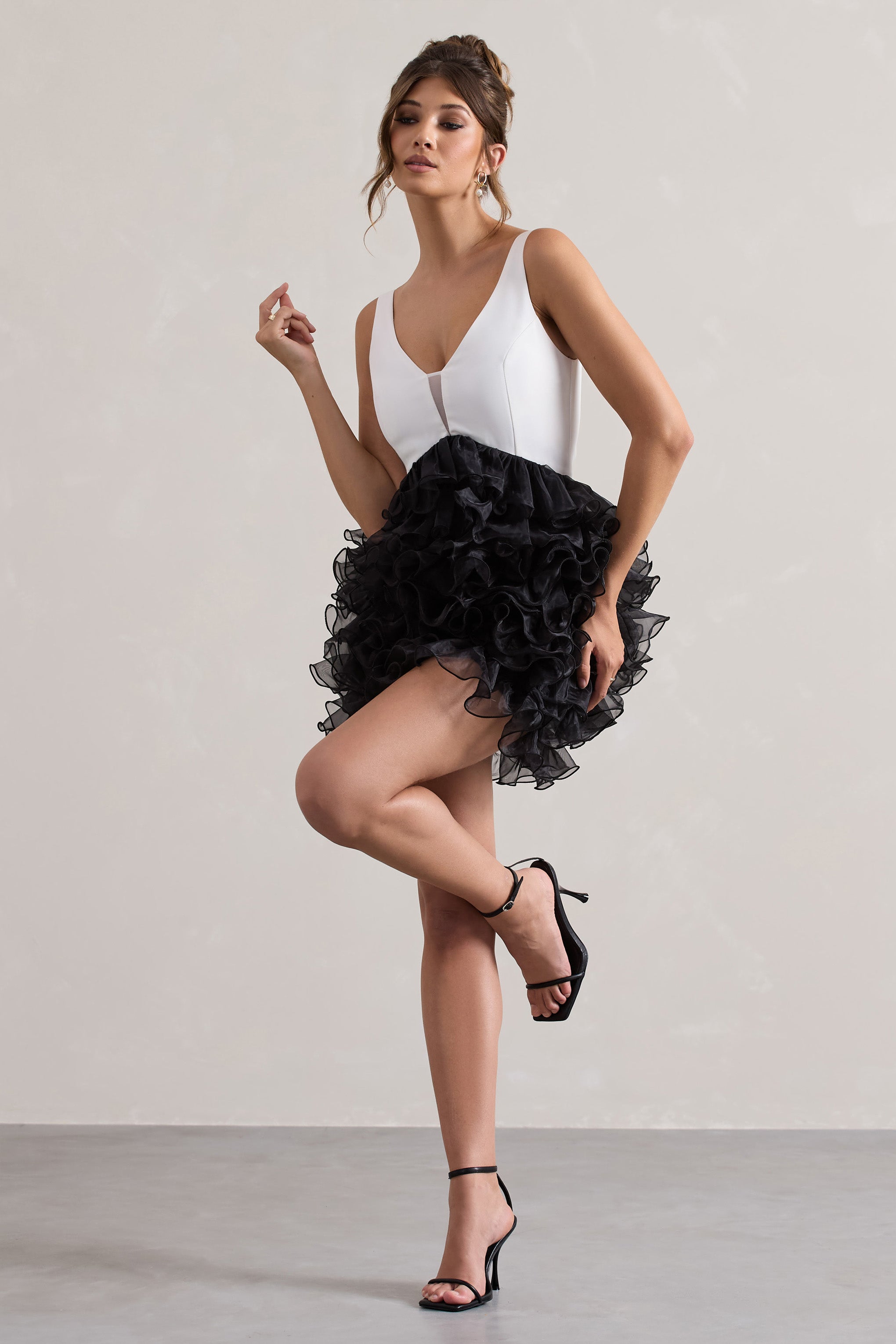 Black & White Plunge-Neck Mini Dress With Organza Skirt