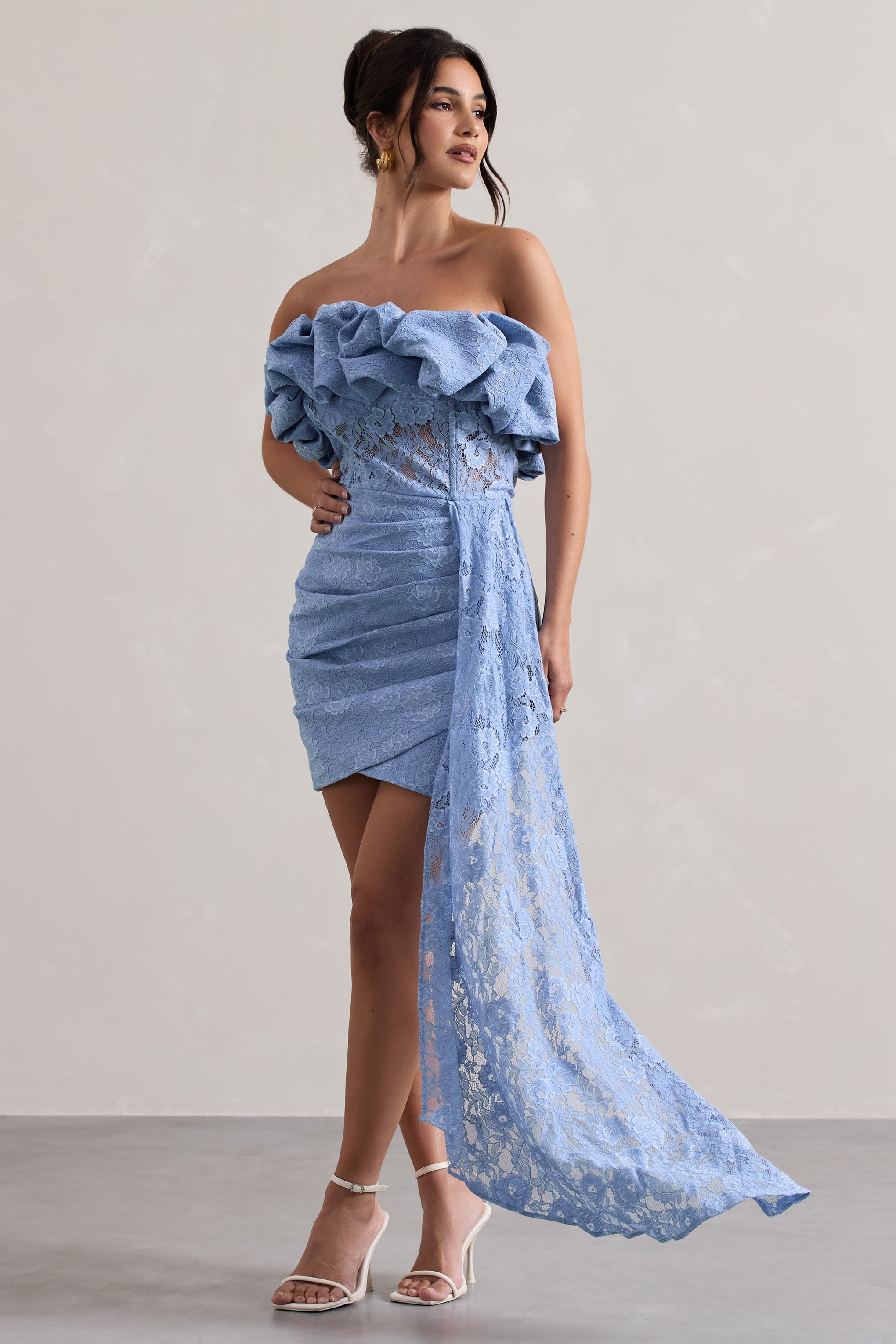 Blue Lace Strapless Ruffled Mini Dress With Drape