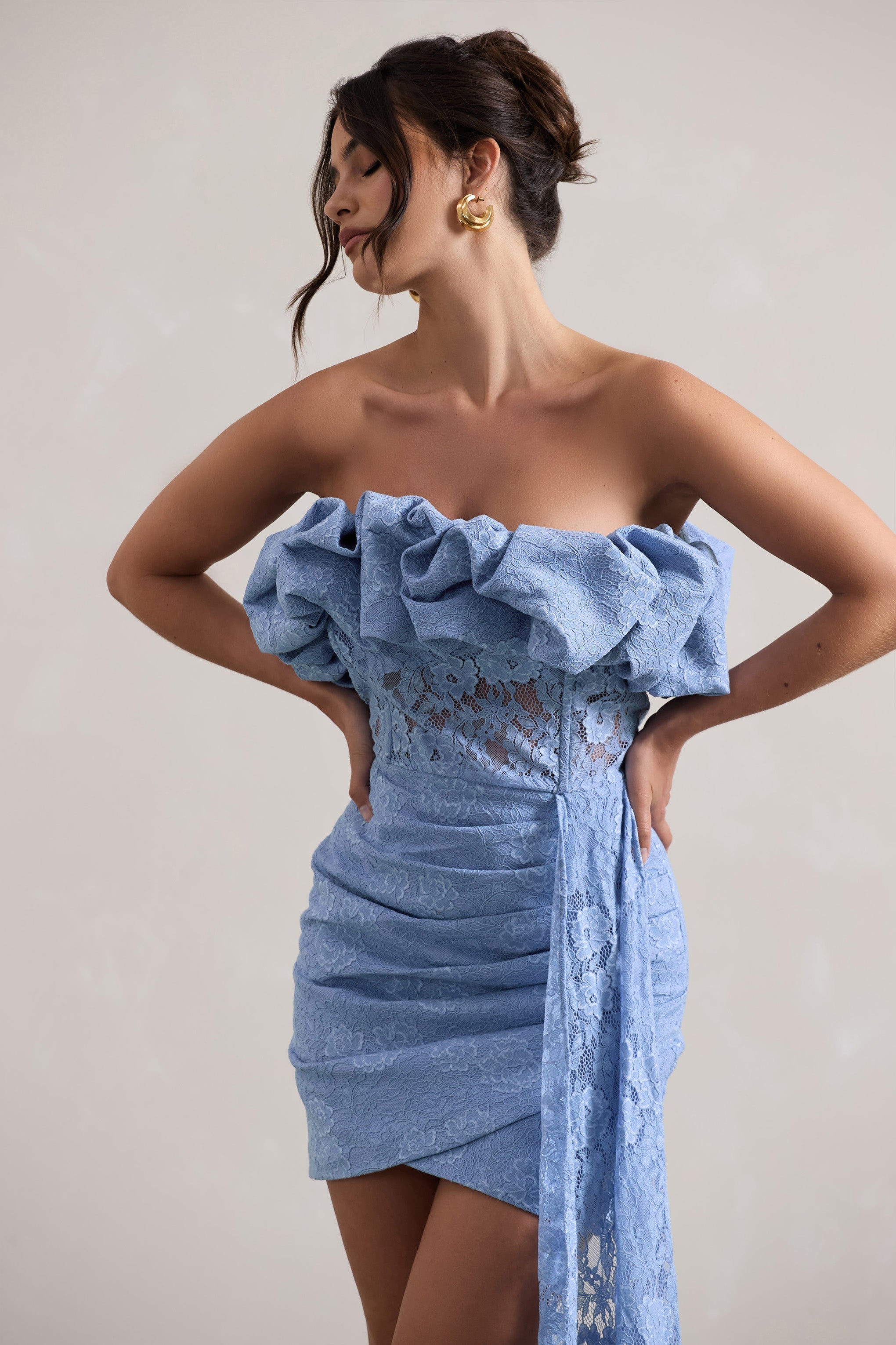 Blue Lace Strapless Ruffled Mini Dress With Drape