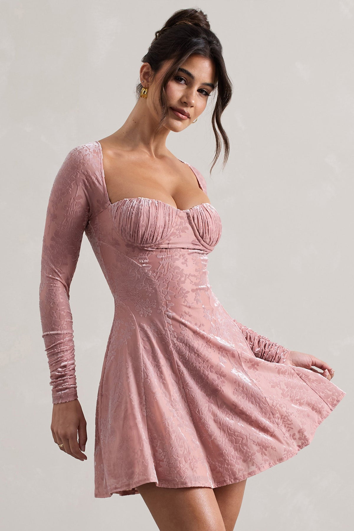 Pink Long-Sleeve Skater Mini Dress