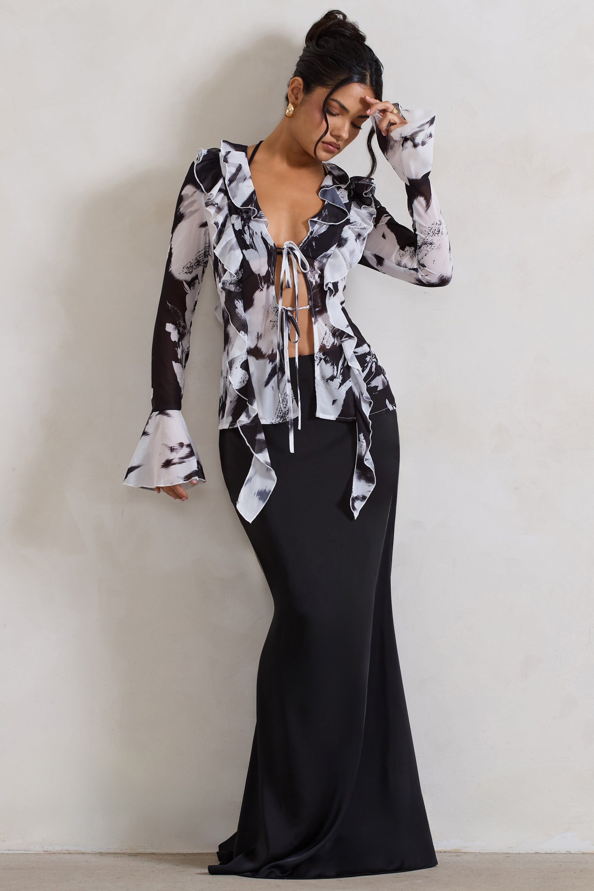 Black Satin Split Maxi Skirt