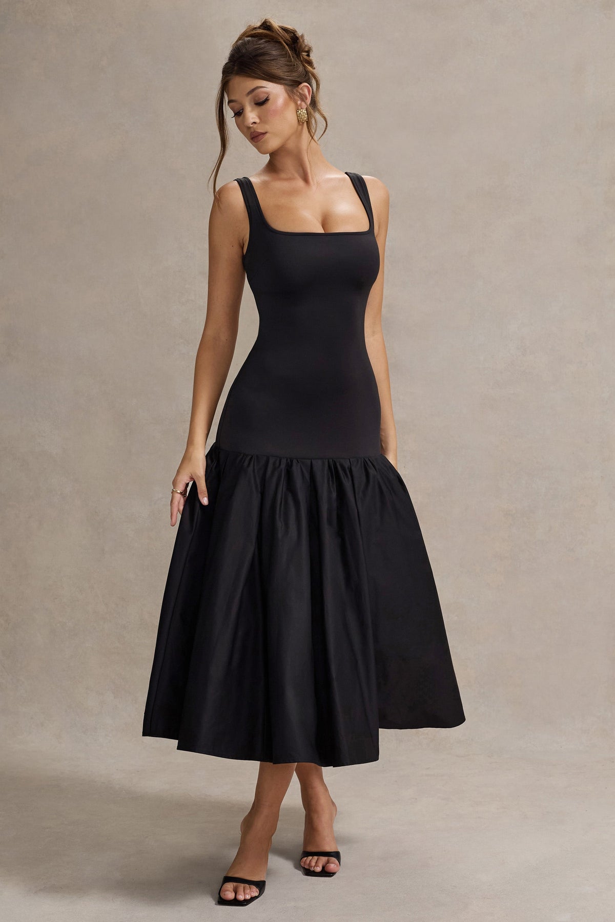 Black Poplin Drop-Waist Midi Dress With Peplum Hem
