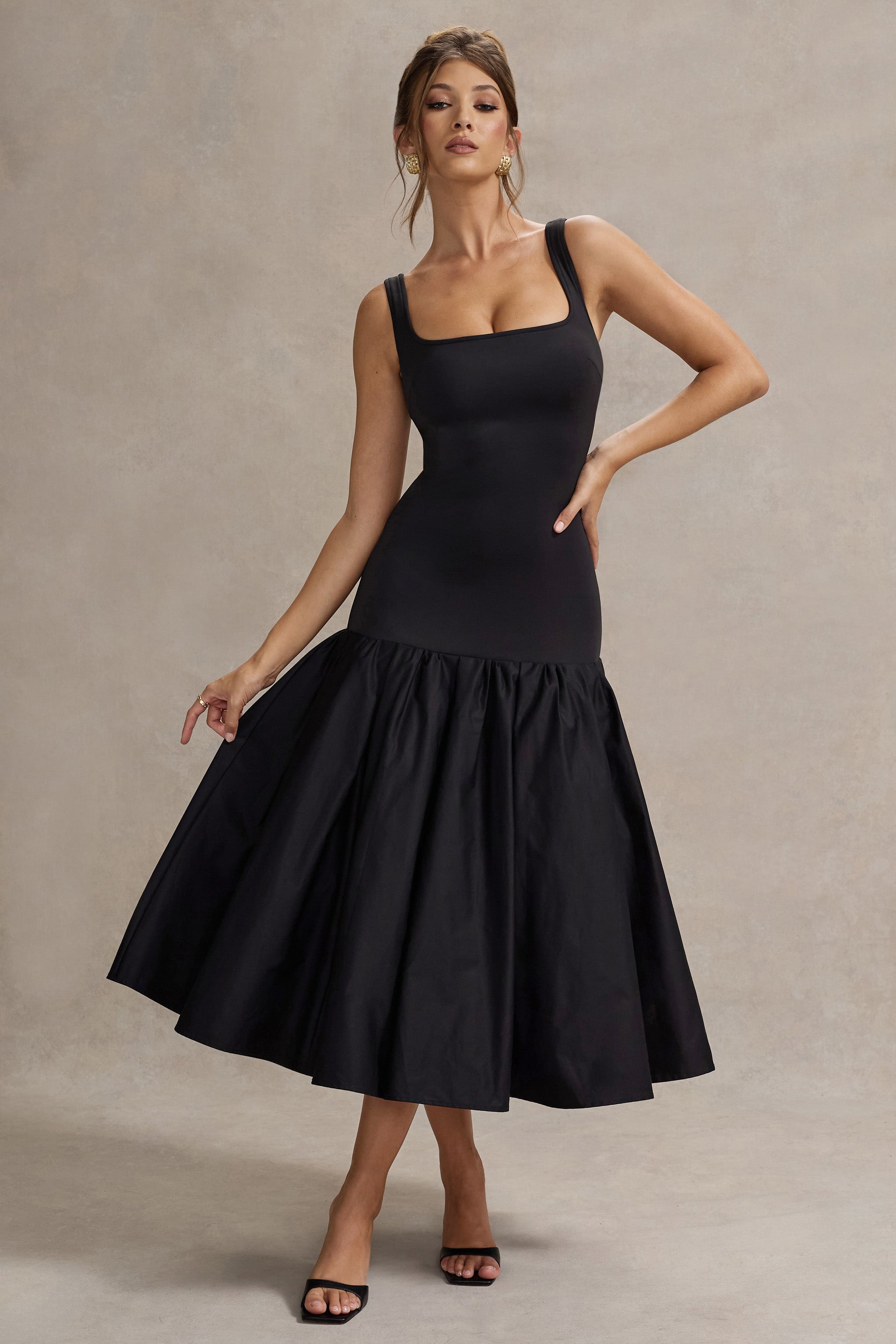 Black Poplin Drop-Waist Midi Dress With Peplum Hem