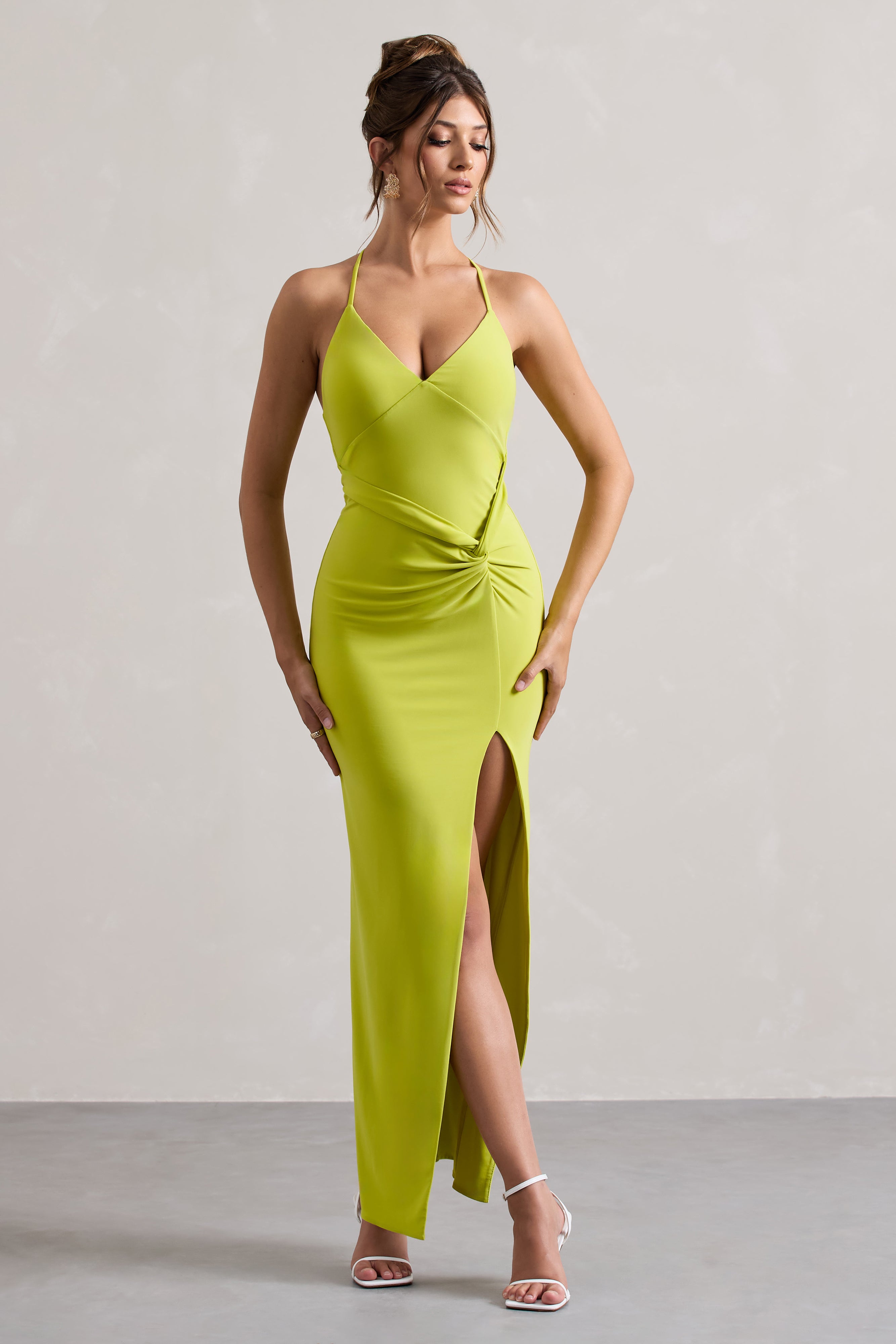 Lime Green Halter-Neck Wrap Maxi Dress