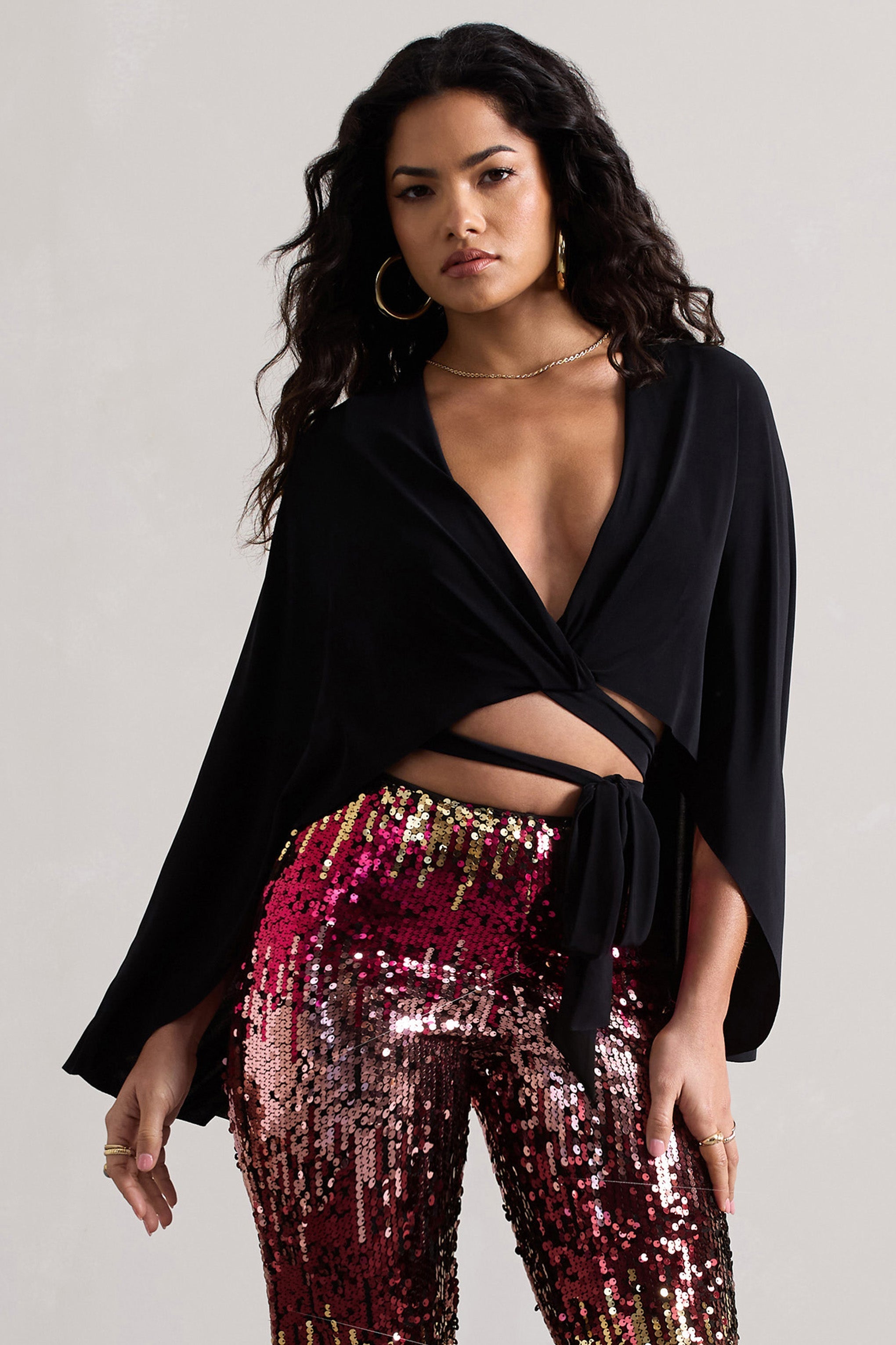 Black Wrap Crop Top With Cape