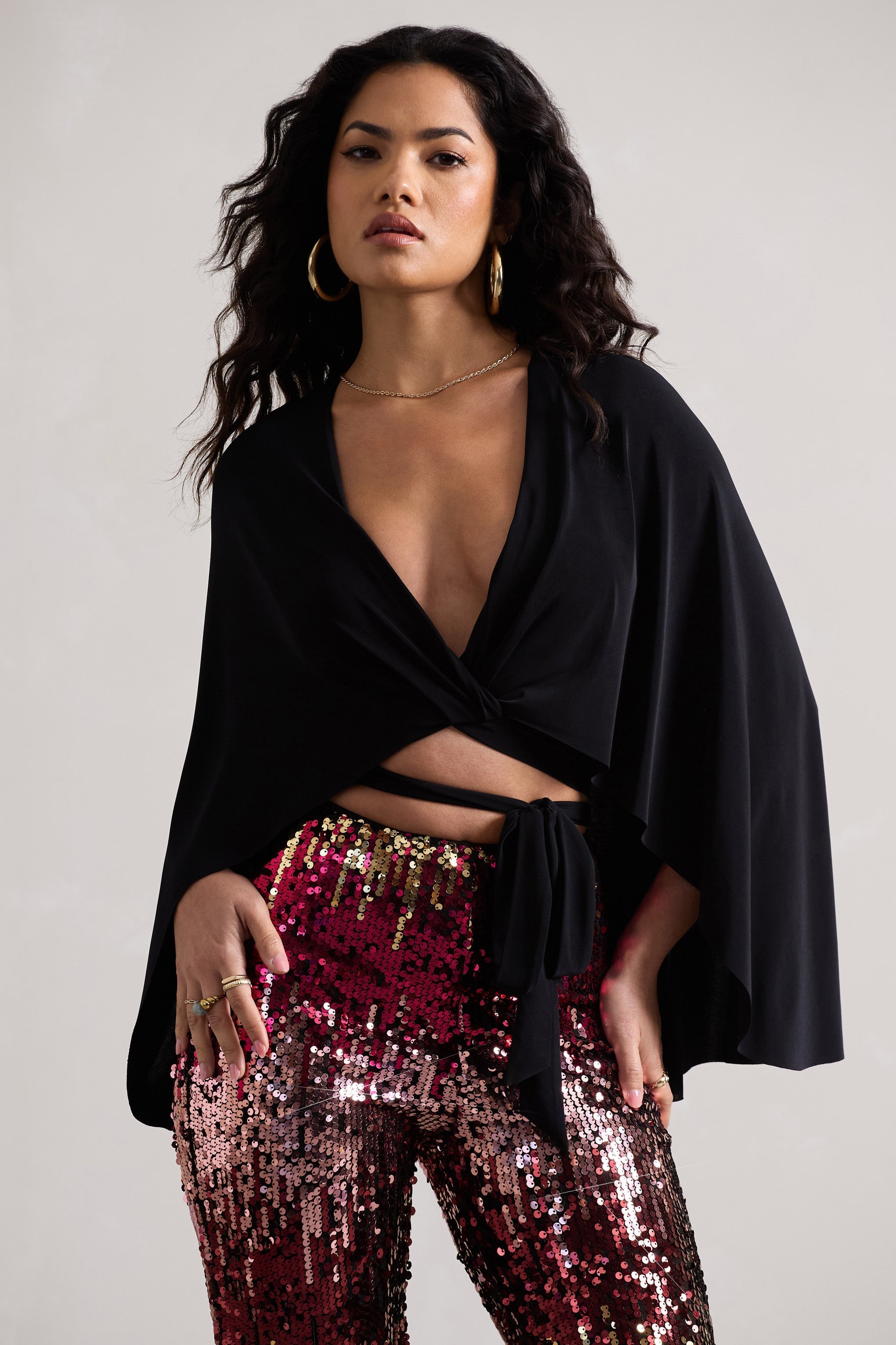 Black Wrap Crop Top With Cape