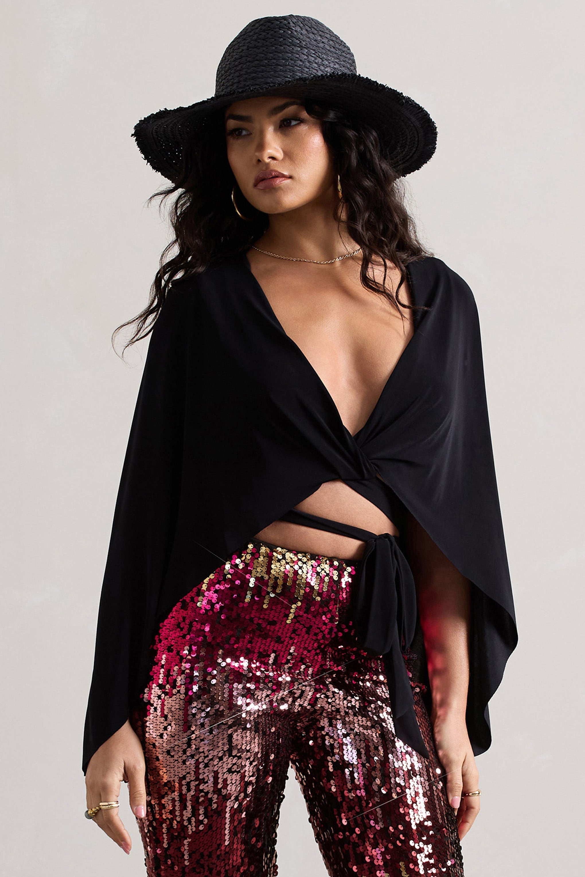 Black Wrap Crop Top With Cape