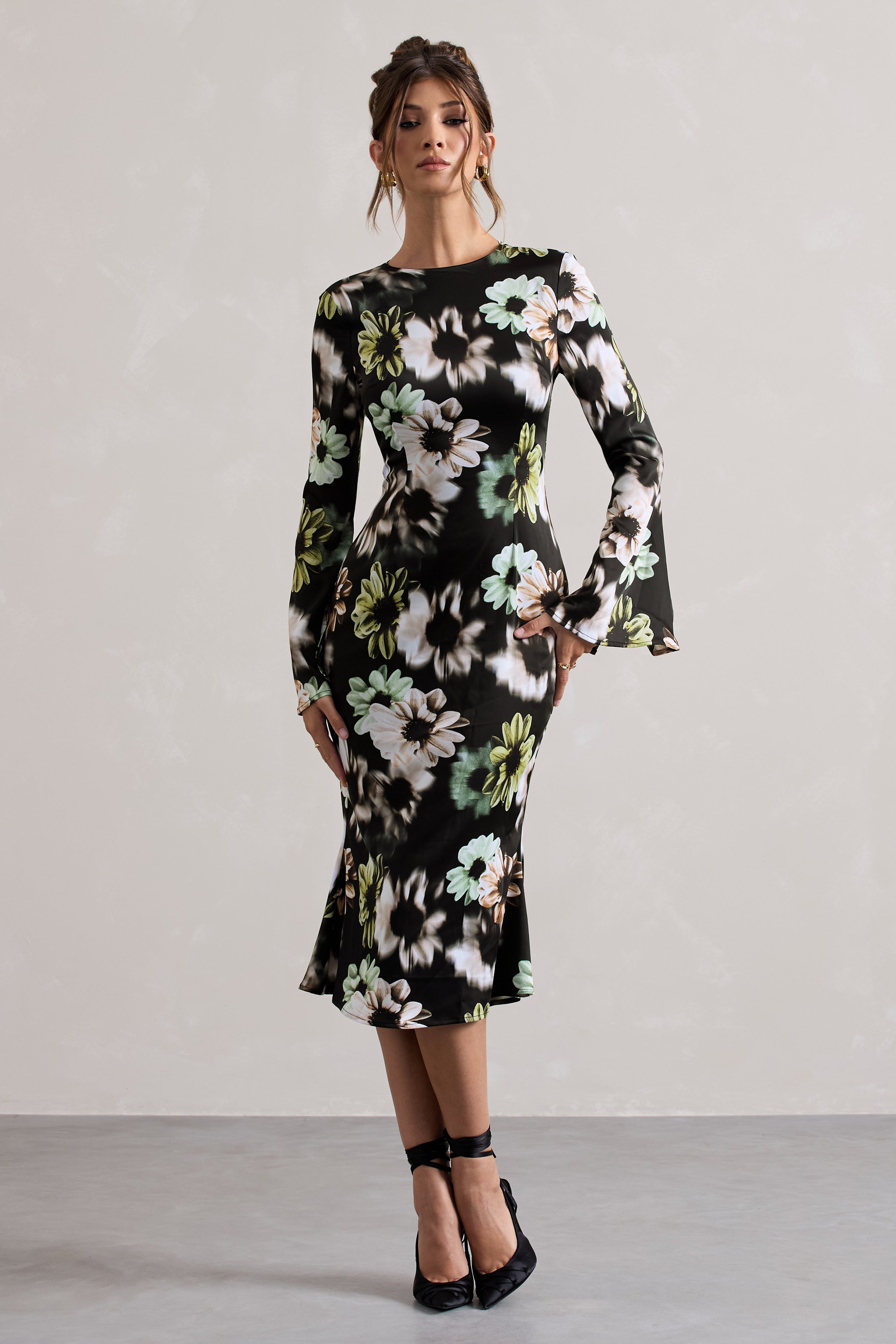 Black Floral Print Satin Long-Sleeve Midi Dress