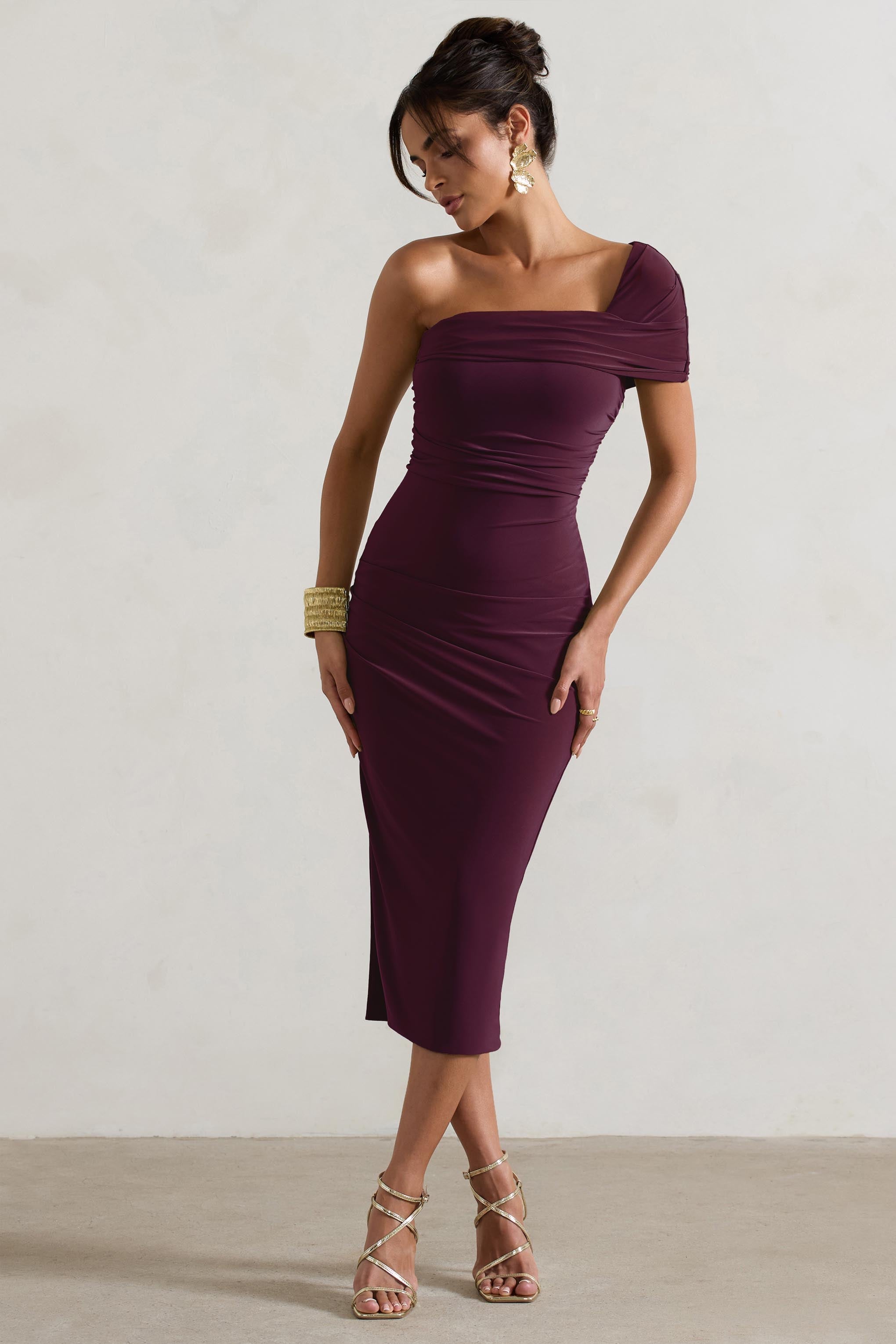 Plum Asymmetric One-Shoulder Split Midi Dress