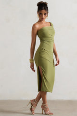 Olive Asymmetric One-Shoulder Split Midi Dress