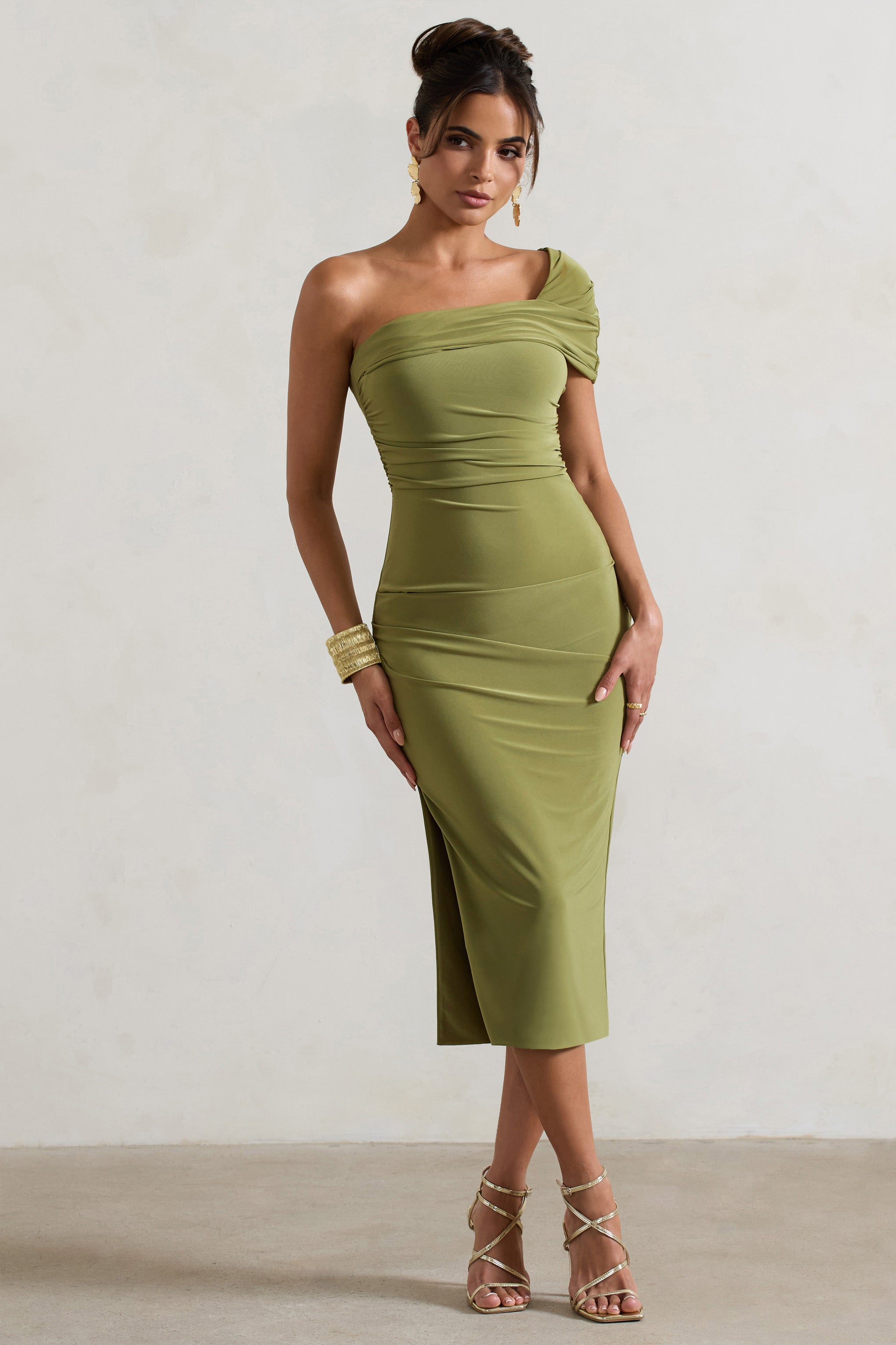Olive Asymmetric One-Shoulder Split Midi Dress