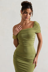 Olive Asymmetric One-Shoulder Split Midi Dress