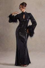 Black Sequin High-Neck Maxi Dress With Feather Cuffs