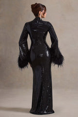 Black Sequin High-Neck Maxi Dress With Feather Cuffs